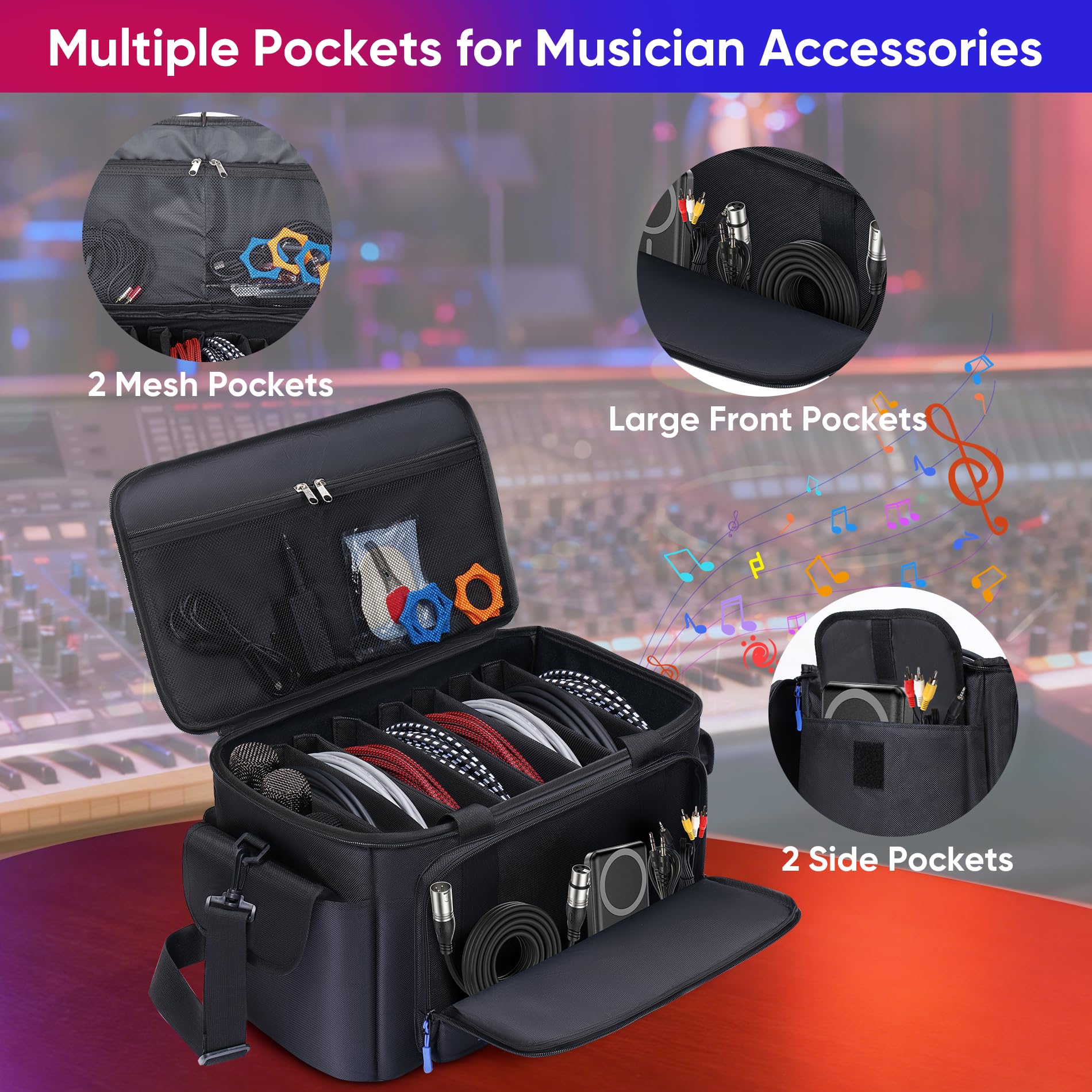 Large DJ Cable File Bag with Multi-Compartment & Pocket for Music Equipment