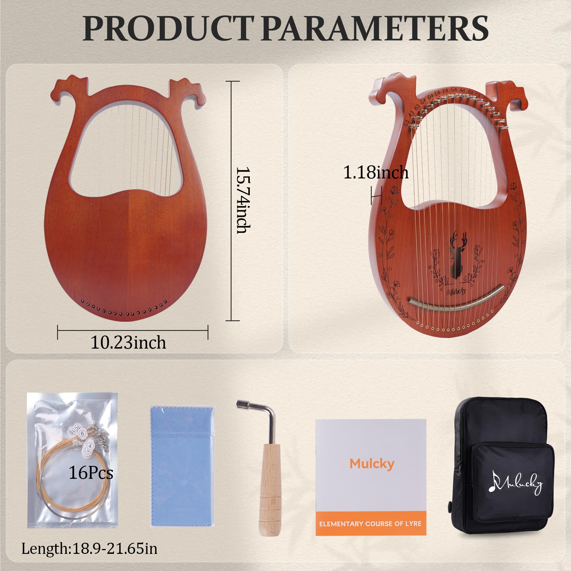 Mulucky Lyre Harp 16 Metal Steel String Bone Saddle Mahogany Lyre Instrument with Tuning Wrench and Black Gig Bag – MLH1602