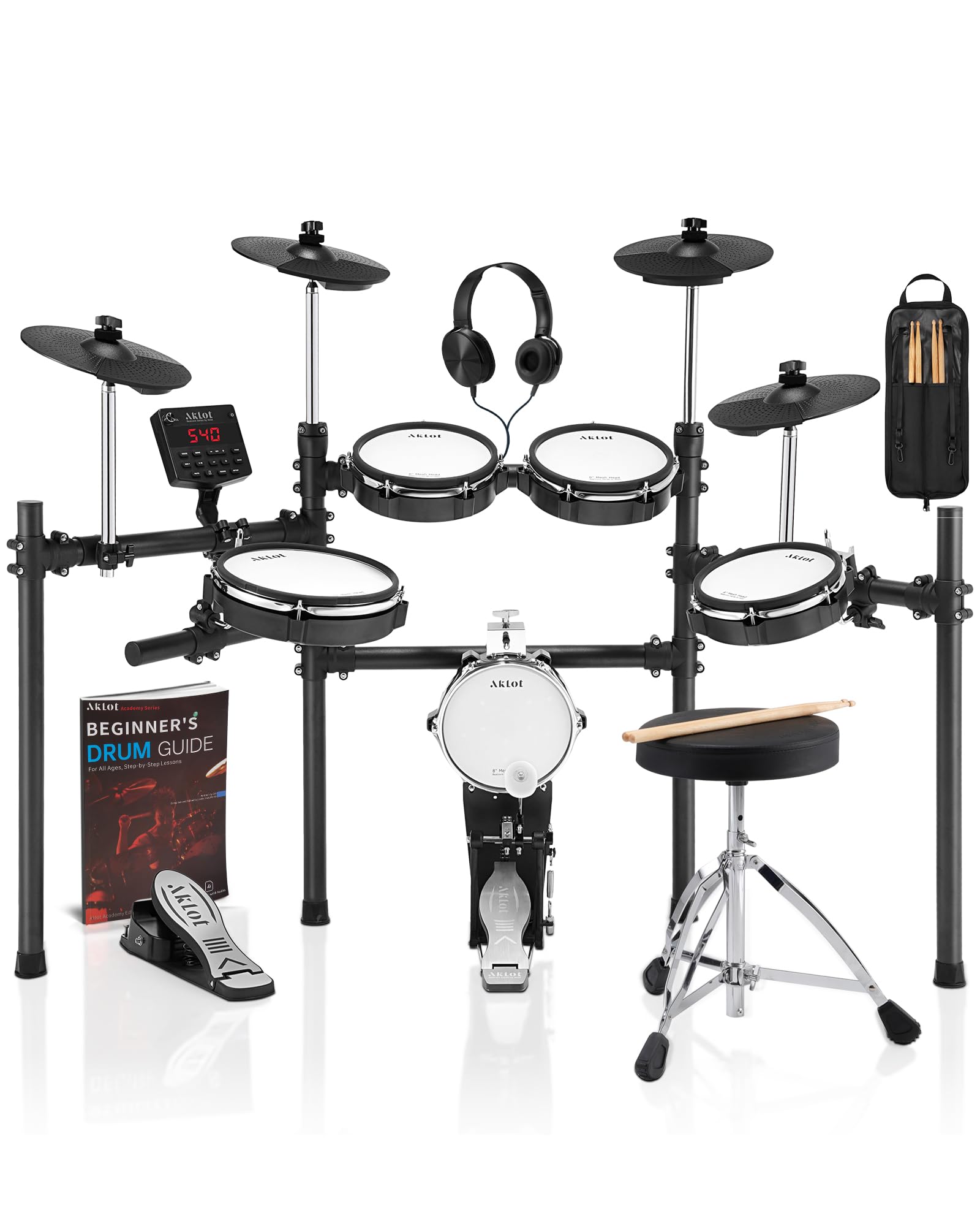 AKLOT Electric Drum Set with Kick-Tower: 4 Dual Zone Mesh Pads, 8’’ Tower-Style Kick Drum, 10’’ Snare, Dual Zone 10’’ Cymbals with Choke, 360 Sounds, User Kit, USB-MIDI, Throne, B-CORE 540 Air, Black