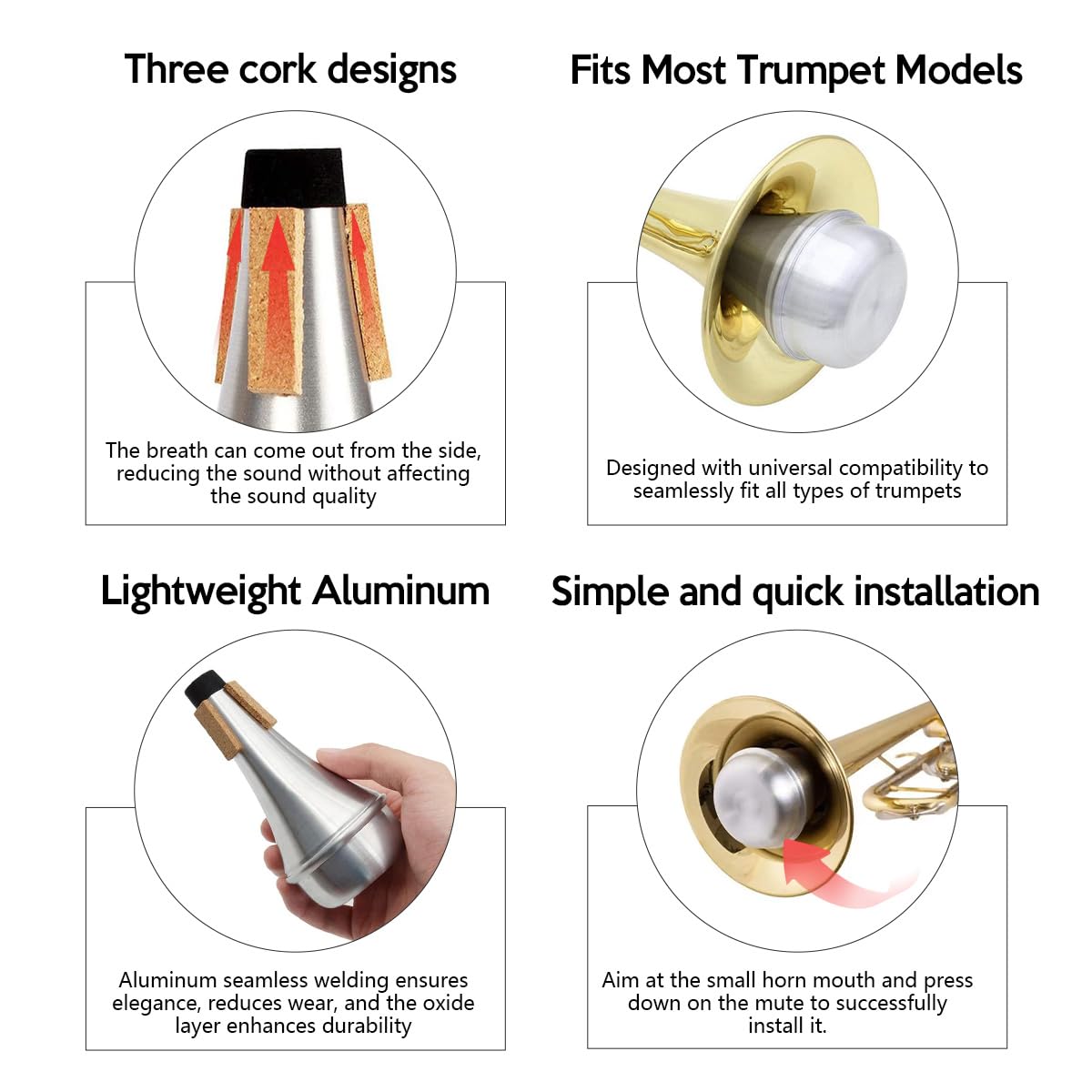 Kuylive Trumpet Mute,Lightweight Aluminum Practice Trumpet Mute Silencer for Jazz Classic, Excellent for Practice or Performance,Silver