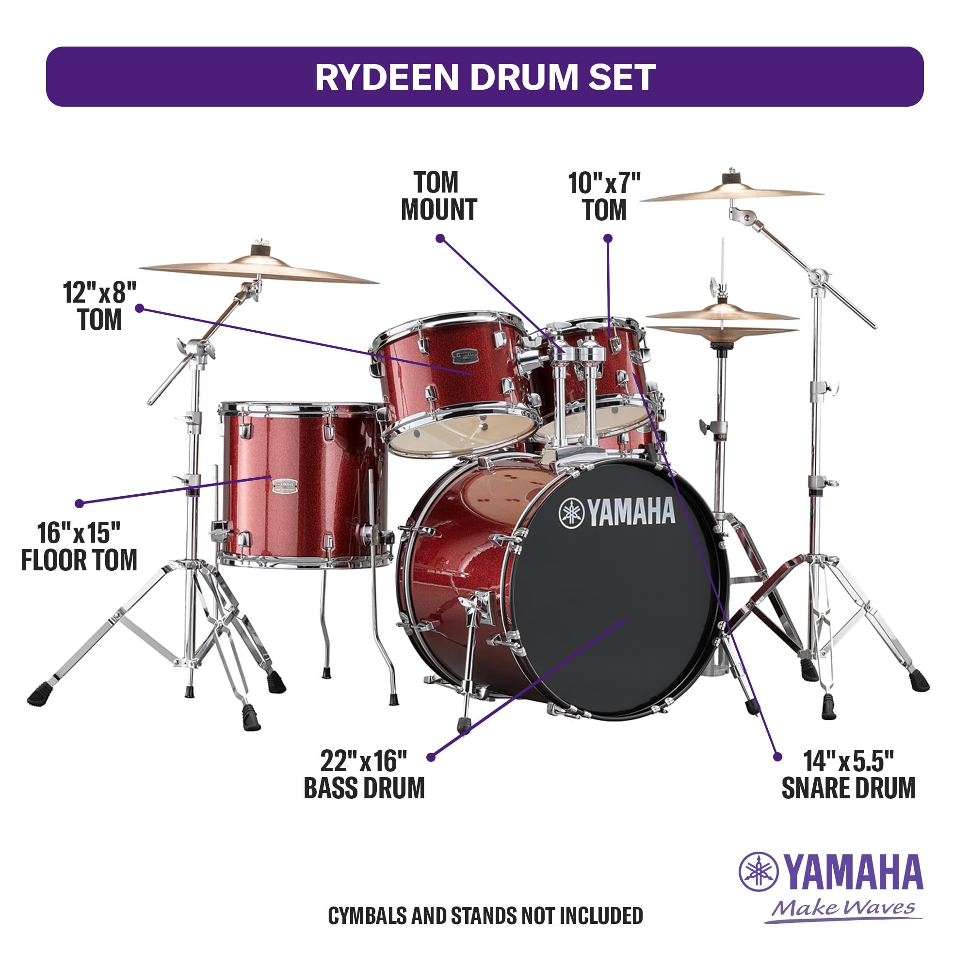 Yamaha RDP2F5BGG Rydeen 5pc Shell Pack with 22″ Bass Drum, Burgundy Glitter