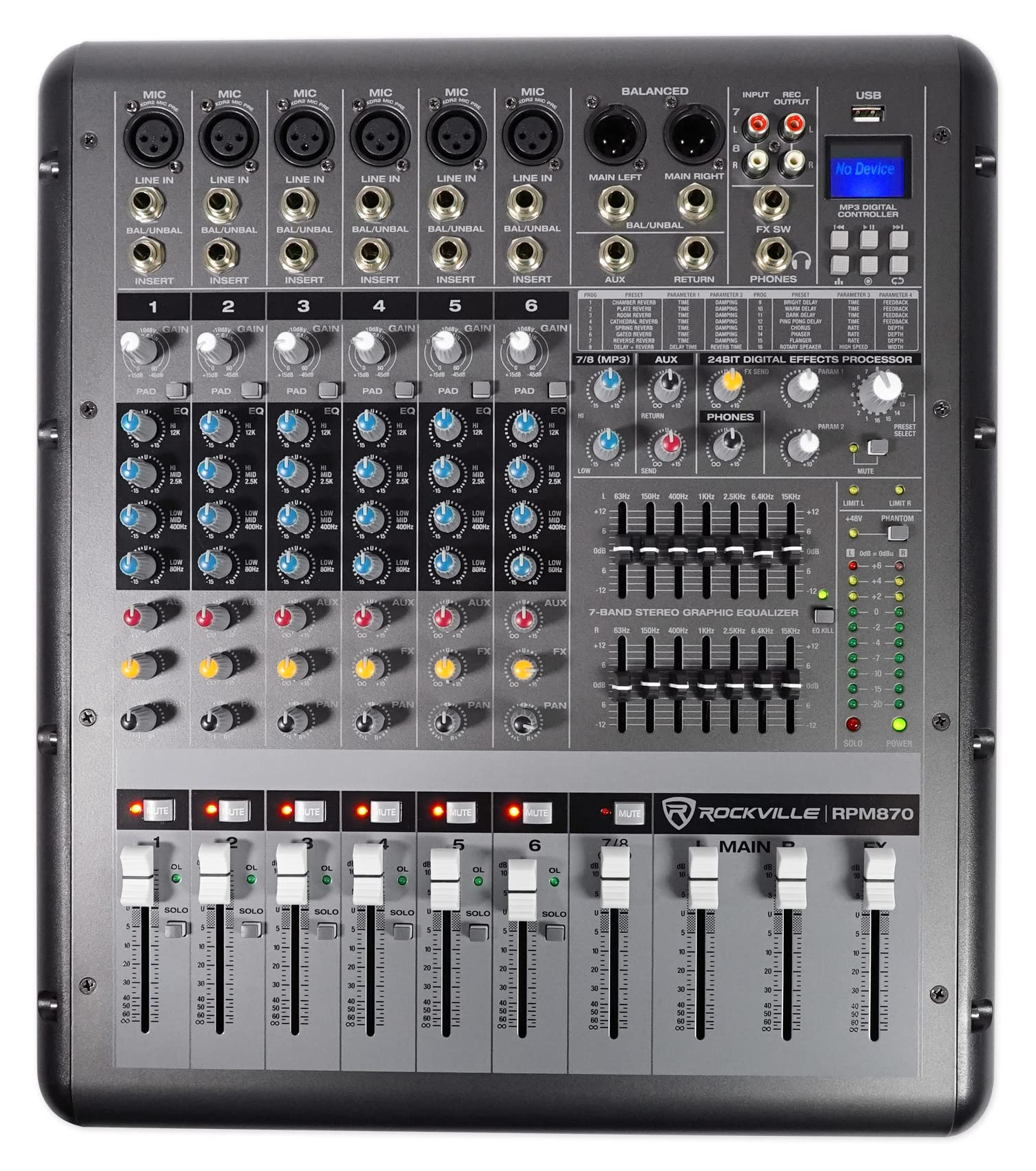 Rockville RPM870 8-Channel 6000W Powered Mixer with USB Bluetooth FX