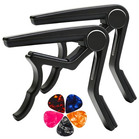 Guitar Capo for Acoustic Electric Guitars, 2PC Capo Guitar Clamp Kapo with 5 Picks, Unique Design for Bass Guitar Ukulele, Black