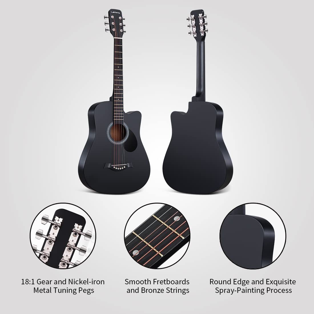 Lankro 38 inch Guitar Black Acoustic Guitar Beginner kit Adult Cutaway Acoustic Guitar Guitarras Starter Set Bundle with Padded Gig Bag, Strap, Capo, Strings, Picks