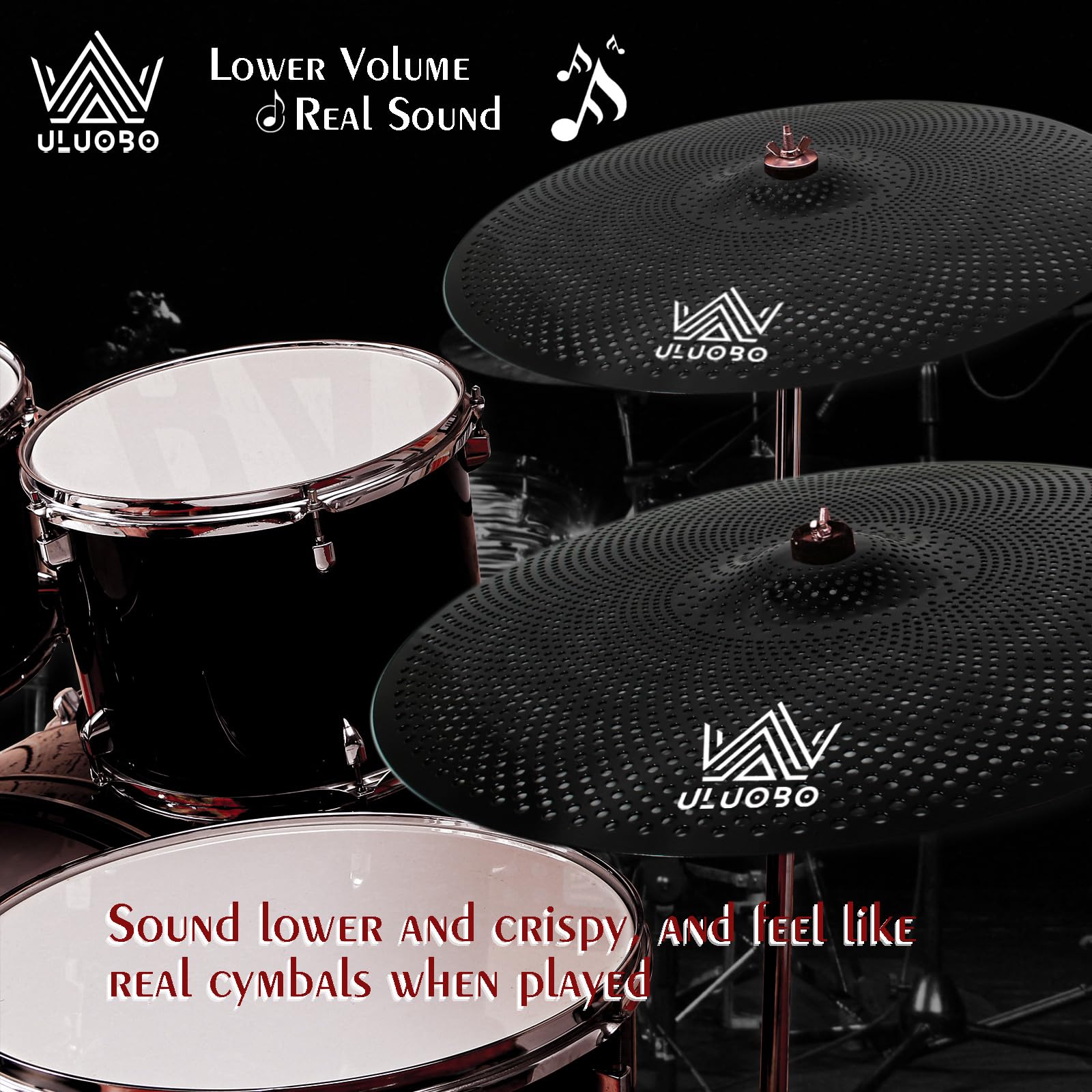 ULUOBO Low Volume Cymbal Pack, Silent Cymbals, Quiet Cymbals Set for Drummer Practice, 6/8/10”Spalsh+14”Hihat+16″Crash+18”Crash+18”China+20″Ride, 9 Pieces, Black
