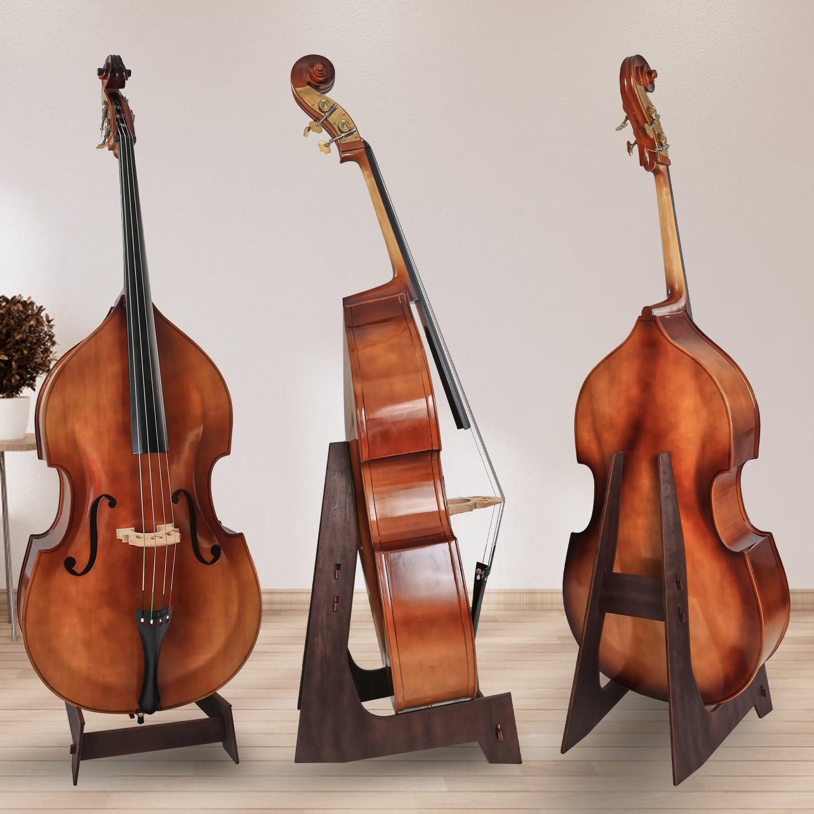 COLOOFO Wooden Double Bass Stand, Fits 1/8 to 4/4 Upright Bass, Brown