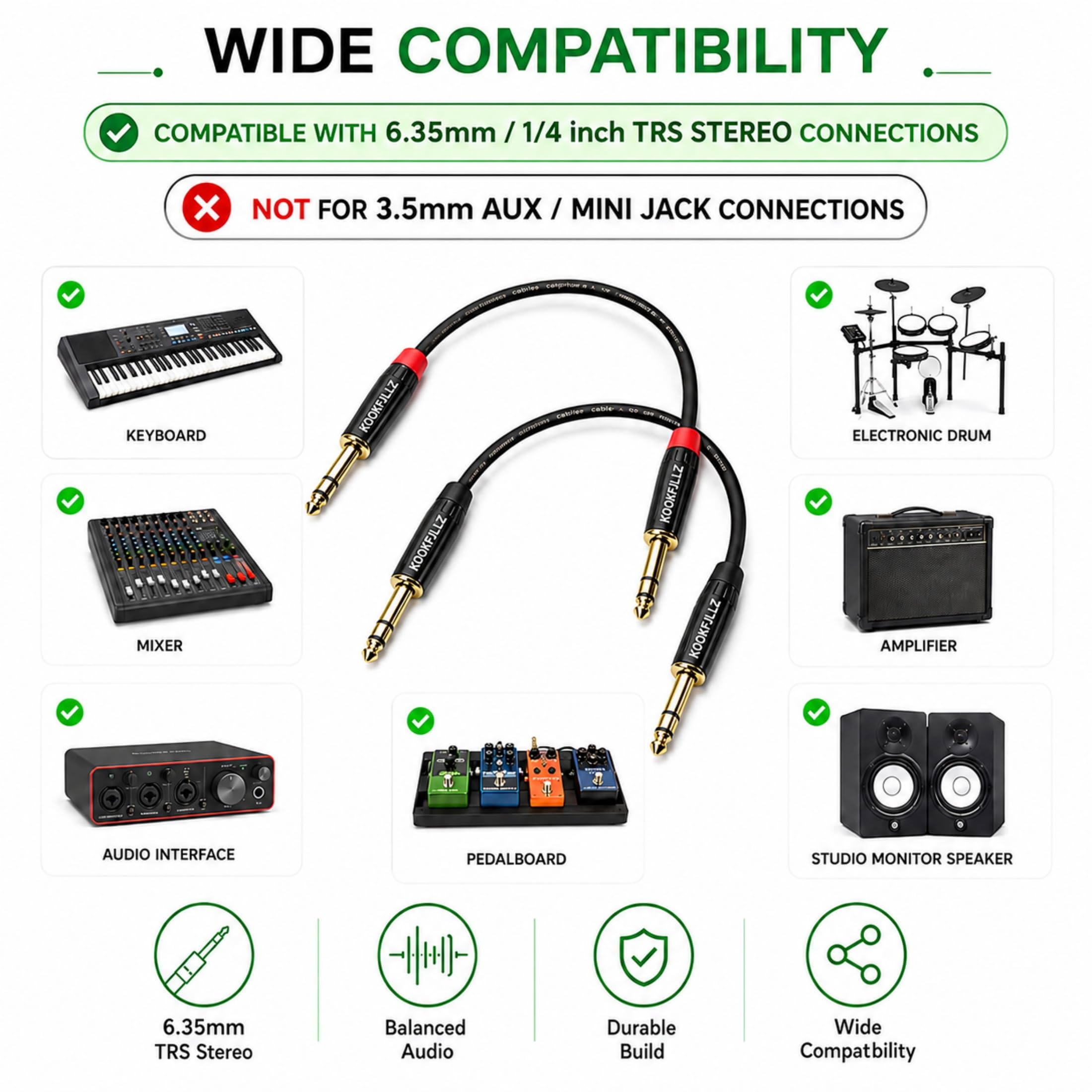 KOOKFJLLZ 1/4 Inch TRS Balanced Cable 1 Foot (2-Pack) Male to Male – 20AWG OFC Professional Audio Patch Cable with 24K Gold-Plated Connectors for Studio Monitor, Audio Interface, DJ Mixer, Amplifier