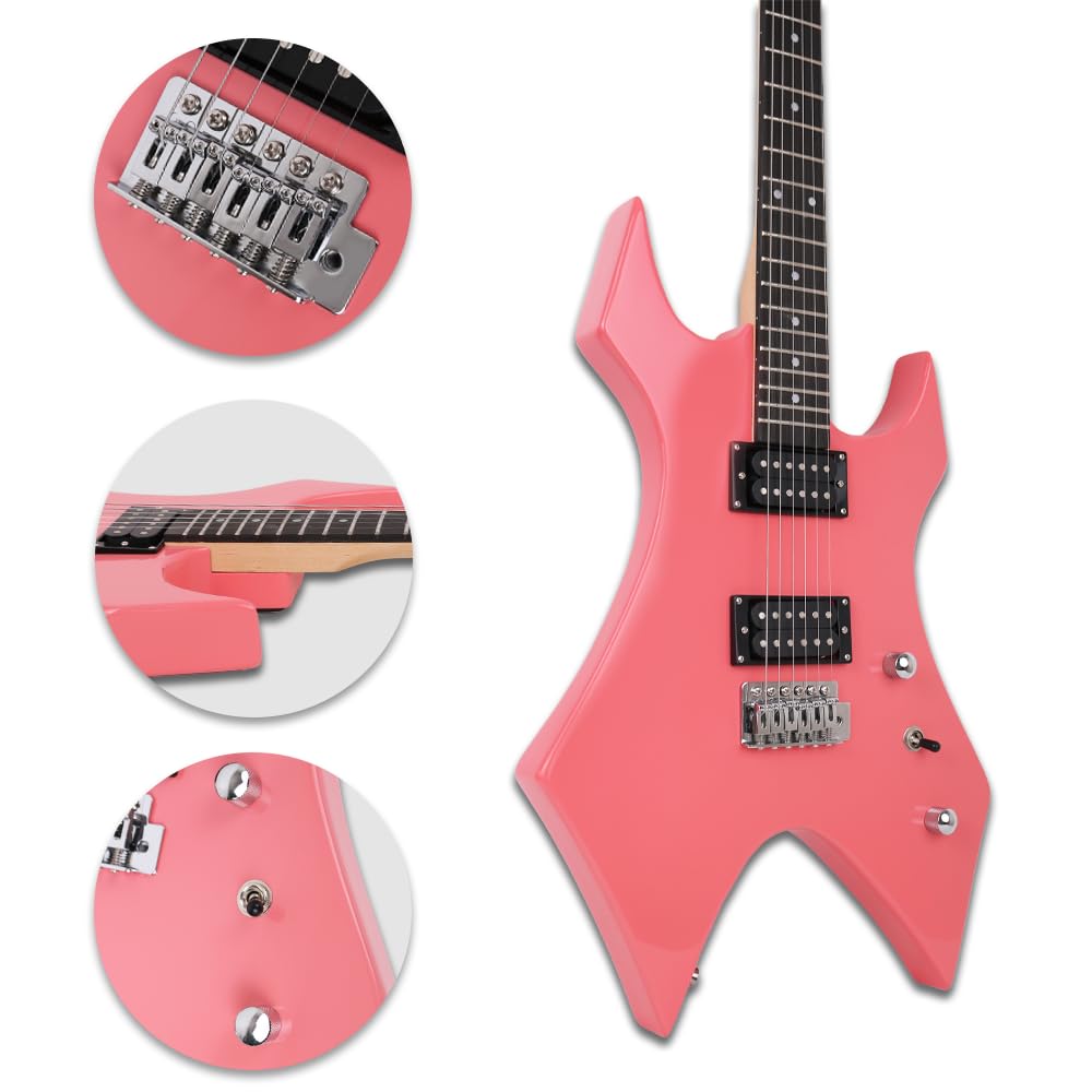Demusea Cool Shape Electric Guitar Kit With 20W Amp Set Pink Color Solid Wood Building Accessories All In One Young Man Beginner Practice Capo Cable Stap Gigbag In (Unique Shape, Pink)