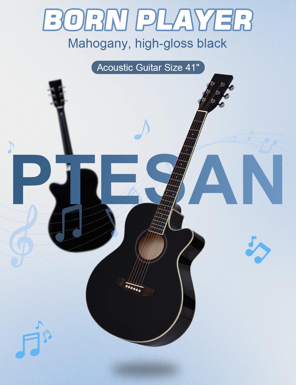 PTESAN 41″ Acoustic Guitar for Beginner Adult Full Size Cutaway, Black