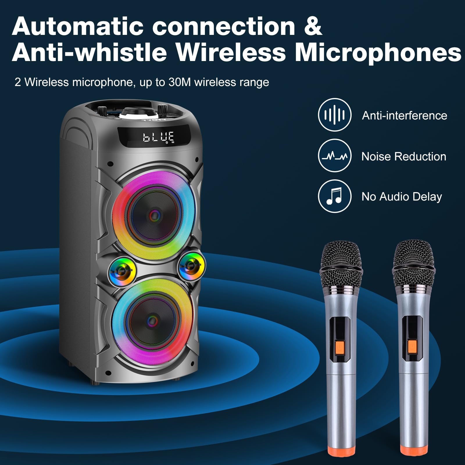 TYOTY Karaoke Machine with 2 Wireless Microphones, Portable PA System Big Bluetooth Speaker with LED Lights, Remote Control Support Bass/Treble Adjustment, TF Card/USB, REC for Adult Kids Home Party