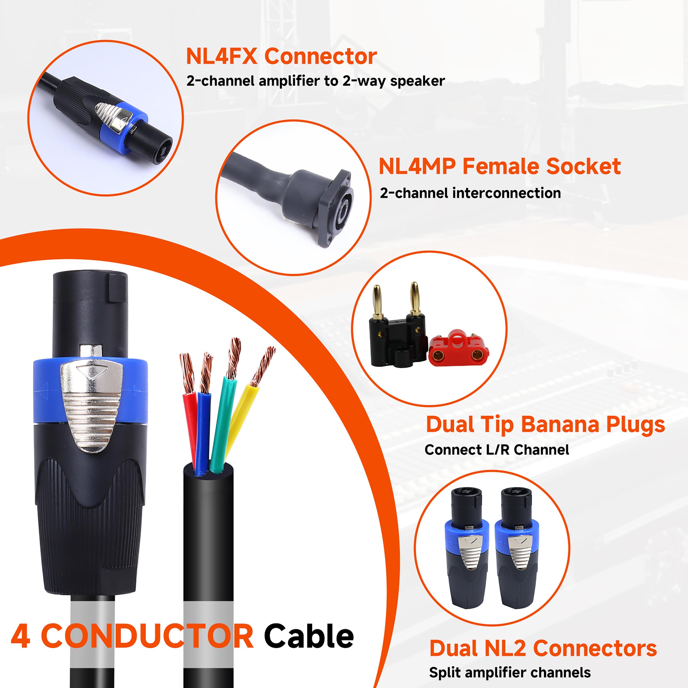 Rokkadaa 1Pc 4 Wire to Speakon Cable – 12 Feet 4 Conductor NL4FX Bare End