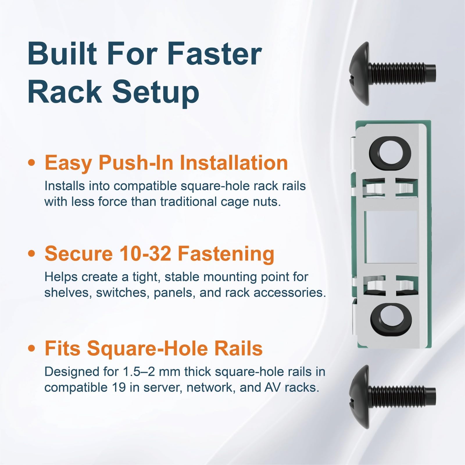 Tecmojo Smart Push-in 10-32 Cage Nuts and Rack Screws, 40 Cage Nuts with 80 Screws for 1.5–2 mm Square-Hole Rails, 19-Inch Server, Network and AV Racks