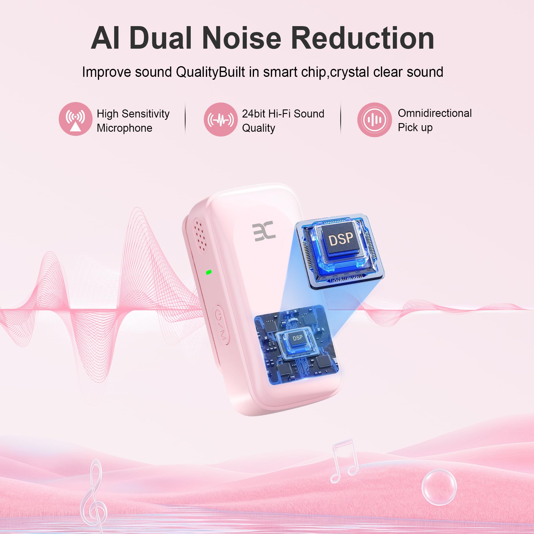 EX Wireless Lavalier Microphone System, Dual Clip-On Mics + Charging Case, 164ft Range Plug-and-Play for iPhone/Android, Advanced Noise Reduction, 48H Runtime-Video Recording, TikTok, YouTube, Pink