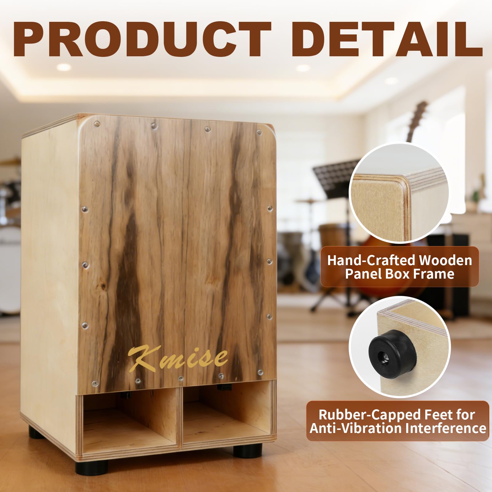 Kmise Enhanced Bass Response Cajon, 11.8×12.2×19.6″ Portable Adjustable Snare Cajons Drums,Solid Ebony & Birch Wood Drum Box, Percussion Instrument Gift for Adults Kids, With Carry Bag,for Performance