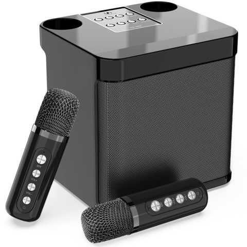 Flyasny Mini Karaoke Machine for Kids, Portable Bluetooth Karaoke Speaker with 2 Wireless Microphones and LED Lights for TV, Home Party, Great Gifts for Family, Boys and Girls