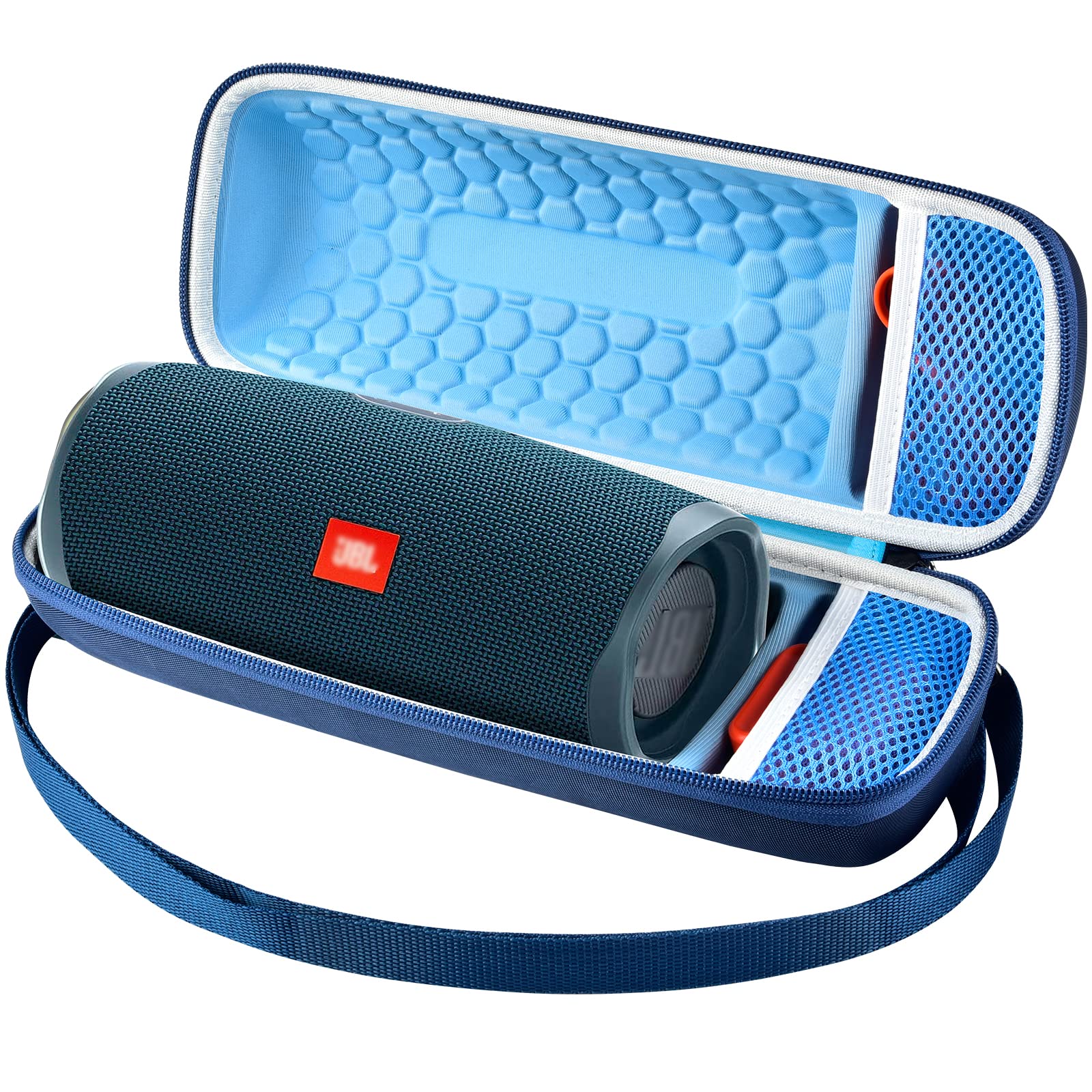 Comecase Hard Travel Case for JBL Charge 4/ Charge 5 Waterproof Bluetooth Speaker. Carrying Storage Bag Fits Charger and USB Cable – Blue+Inside Blue (Case Only)