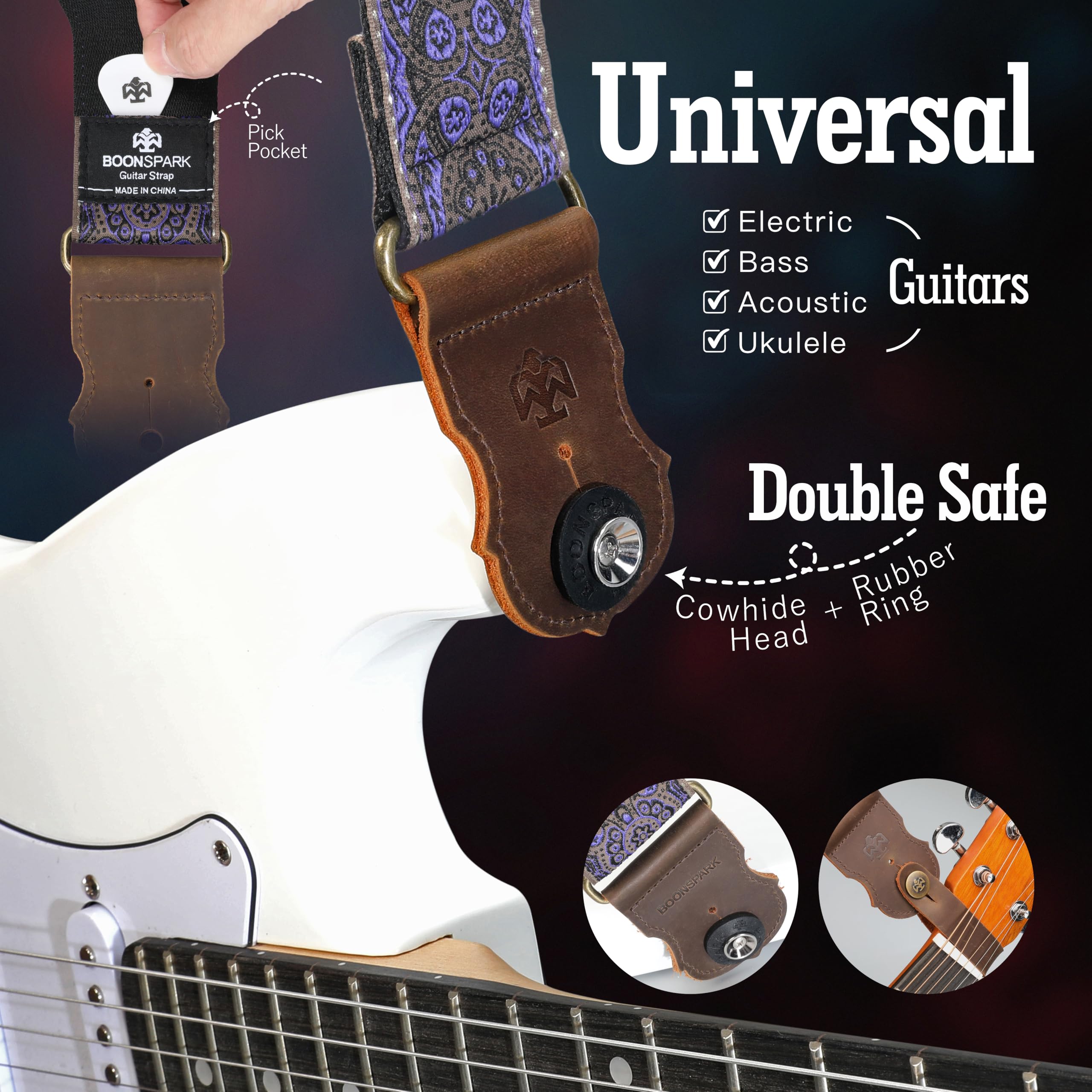 BOONSPARK Guitar Strap – Double Layer Crazy Horse Cowhide Ends,Safe Durable,2in,Soft Adjustable Guitar Straps for Acoustic&Electric Guitars,Bass,Ukulele,Guitarists Gift Set,Purple Blossom
