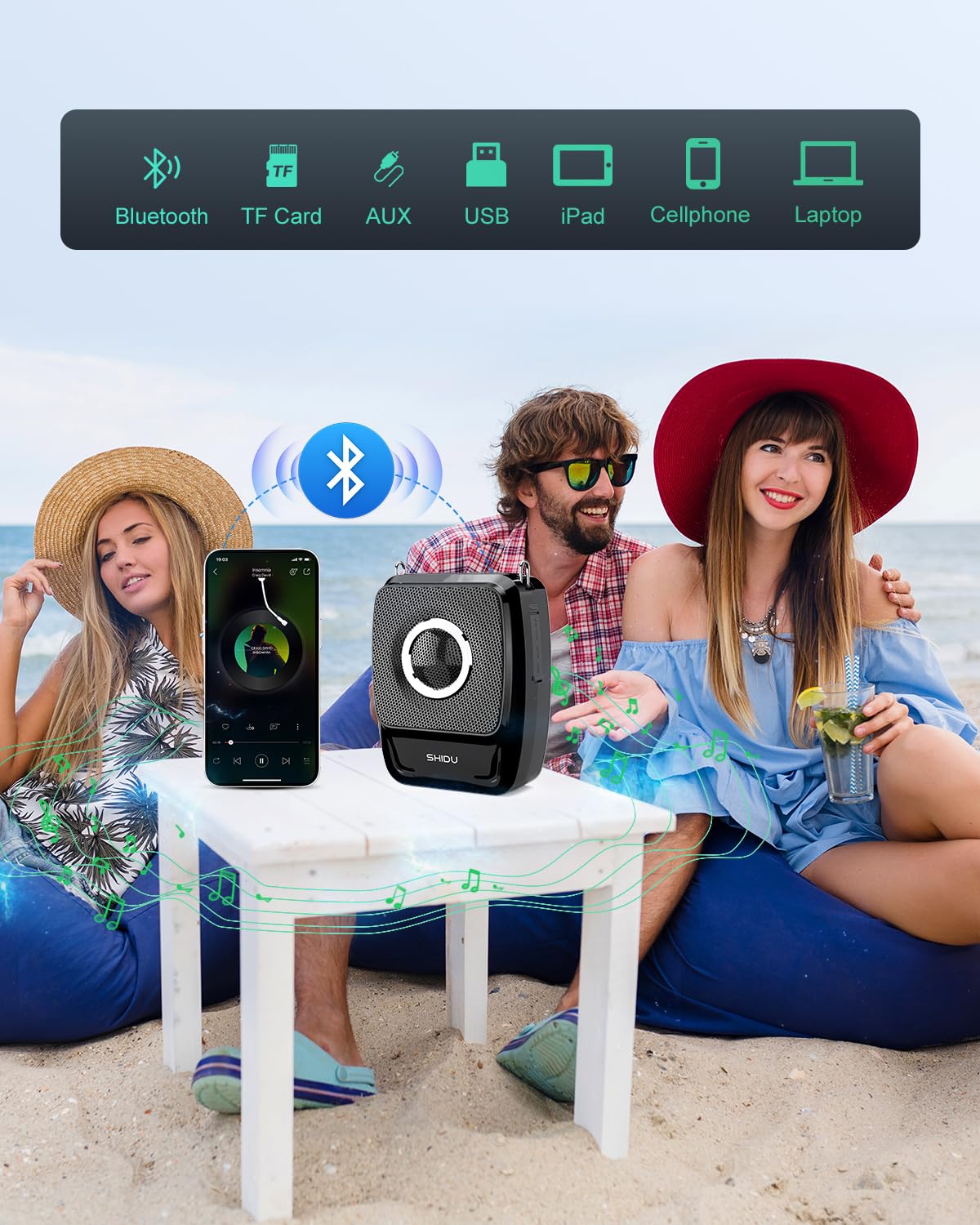 SHIDU 50W Peak Voice Amplifier with Wireless Microphone Headset & Handheld