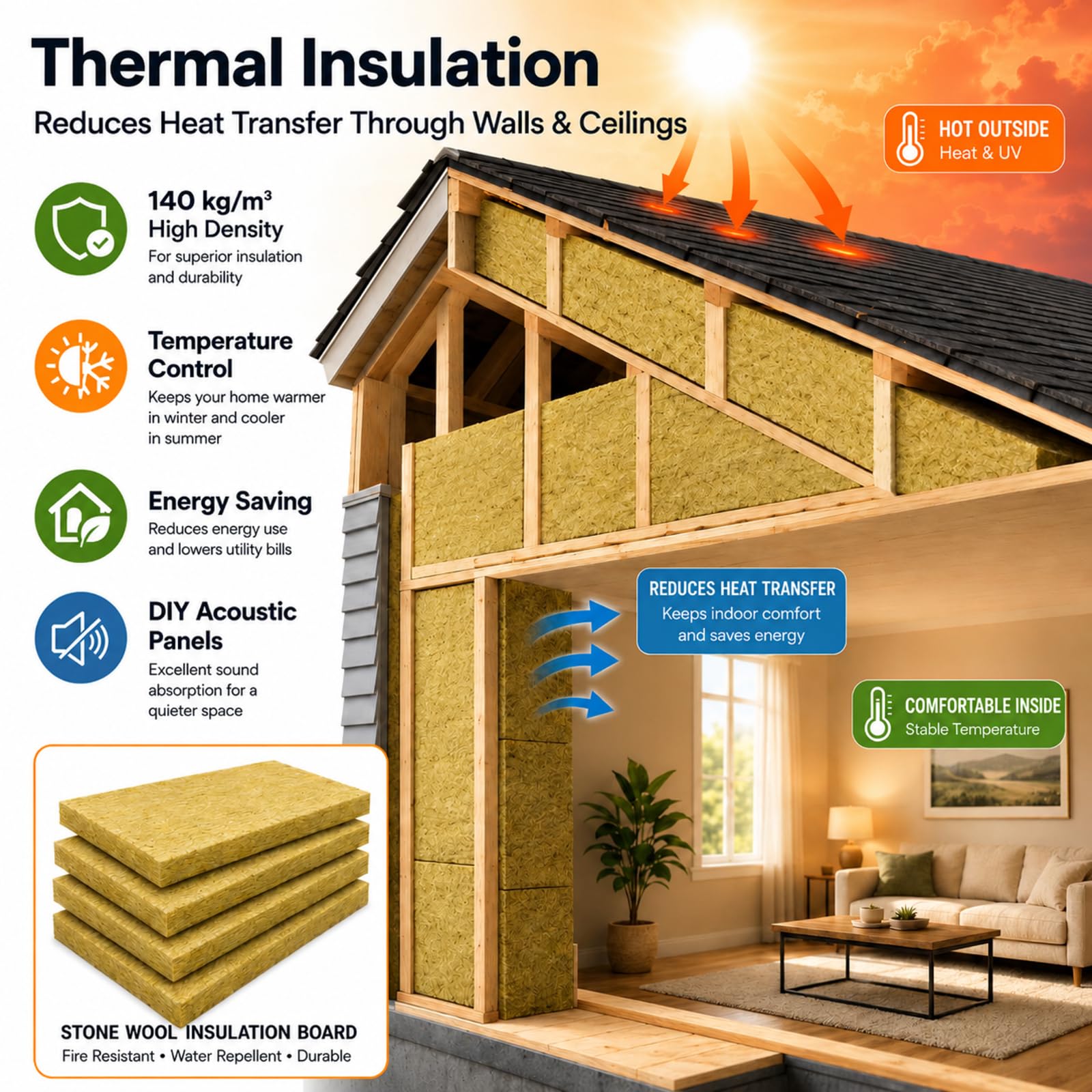 GlikCeil 4 Pcs Mineral Wool Insulation Board, 48″X 24″ X 1″, Acoustic