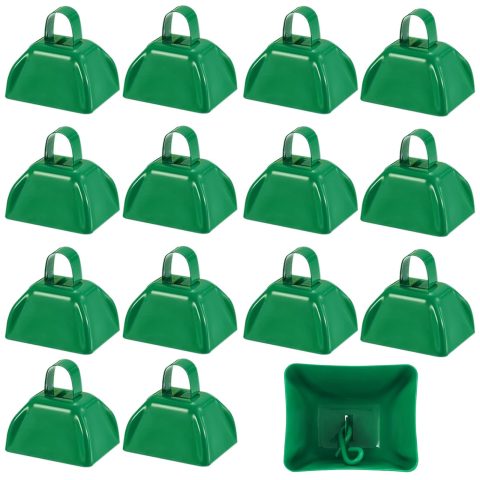YUMYWBL 15 Pack 3 Inch Green Metal Cowbells for Sporting Events, Bulk Loud Cow Bell with Handles, Small Cowbell Hand Percussion Cowbells for Football Games Cheering Wedding Concert, Farm