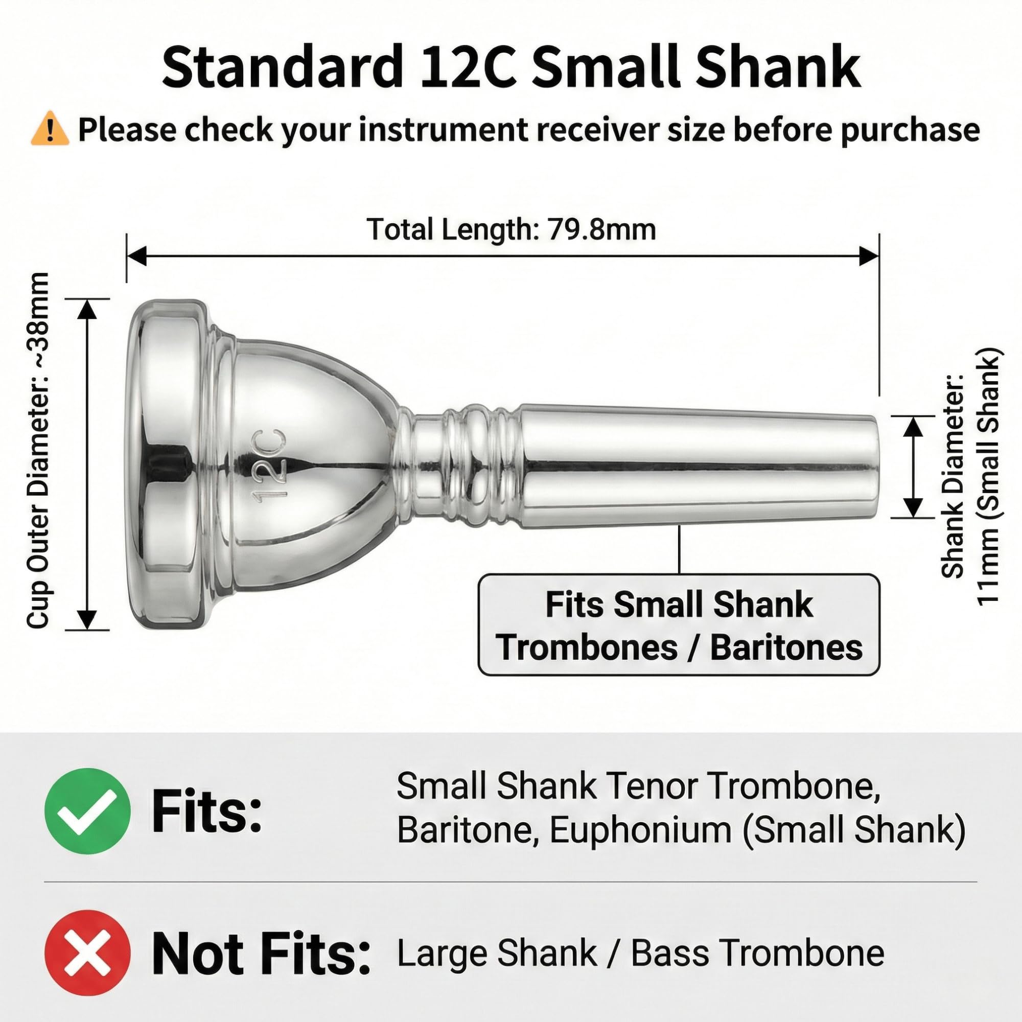 MoResolune 12C Trombone Mouthpiece, Silver Plated Small Shank