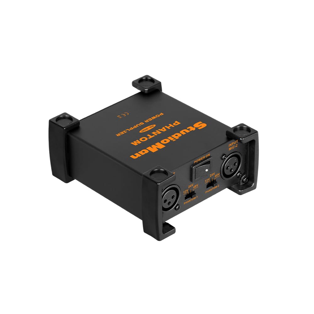 StudioMan PS200 Professional 2-Channel Phantom Power Supply, Black, Dual XLR Input/Output, 12V/24V/48V Switchable Power
