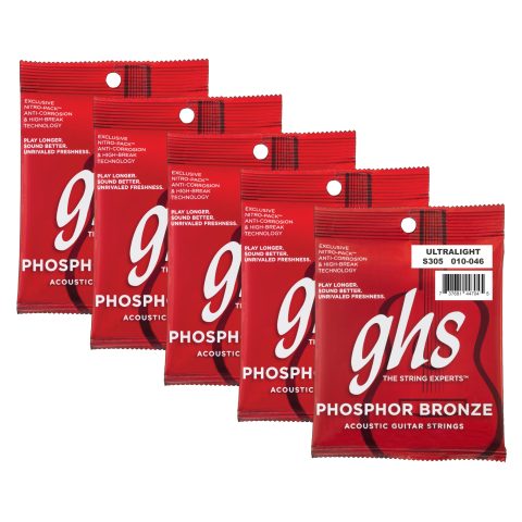 GHS Strings – Phosphor Bronze Acoustic Guitar Strings – Warm, Rich Tone, Balanced & Long-Lasting – For Acoustic, Fingerstyle, Strumming, Country, Rock, S305 Set (UL) Ultra Light Gauge 10-46, 5 PACK