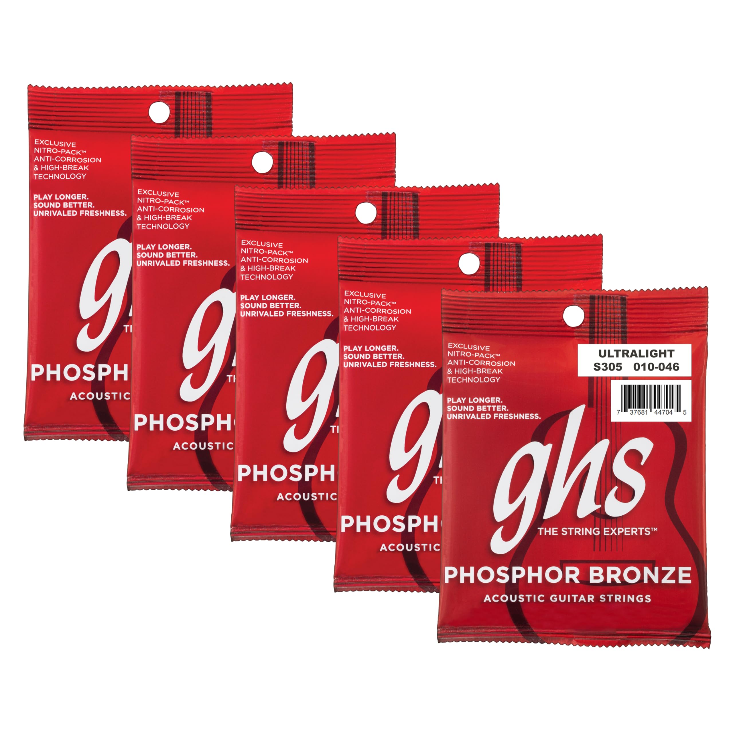 GHS Strings – Phosphor Bronze Acoustic Guitar Strings – Warm, Rich Tone, Balanced & Long-Lasting – For Acoustic, Fingerstyle, Strumming, Country, Rock, S305 Set (UL) Ultra Light Gauge 10-46, 5 PACK