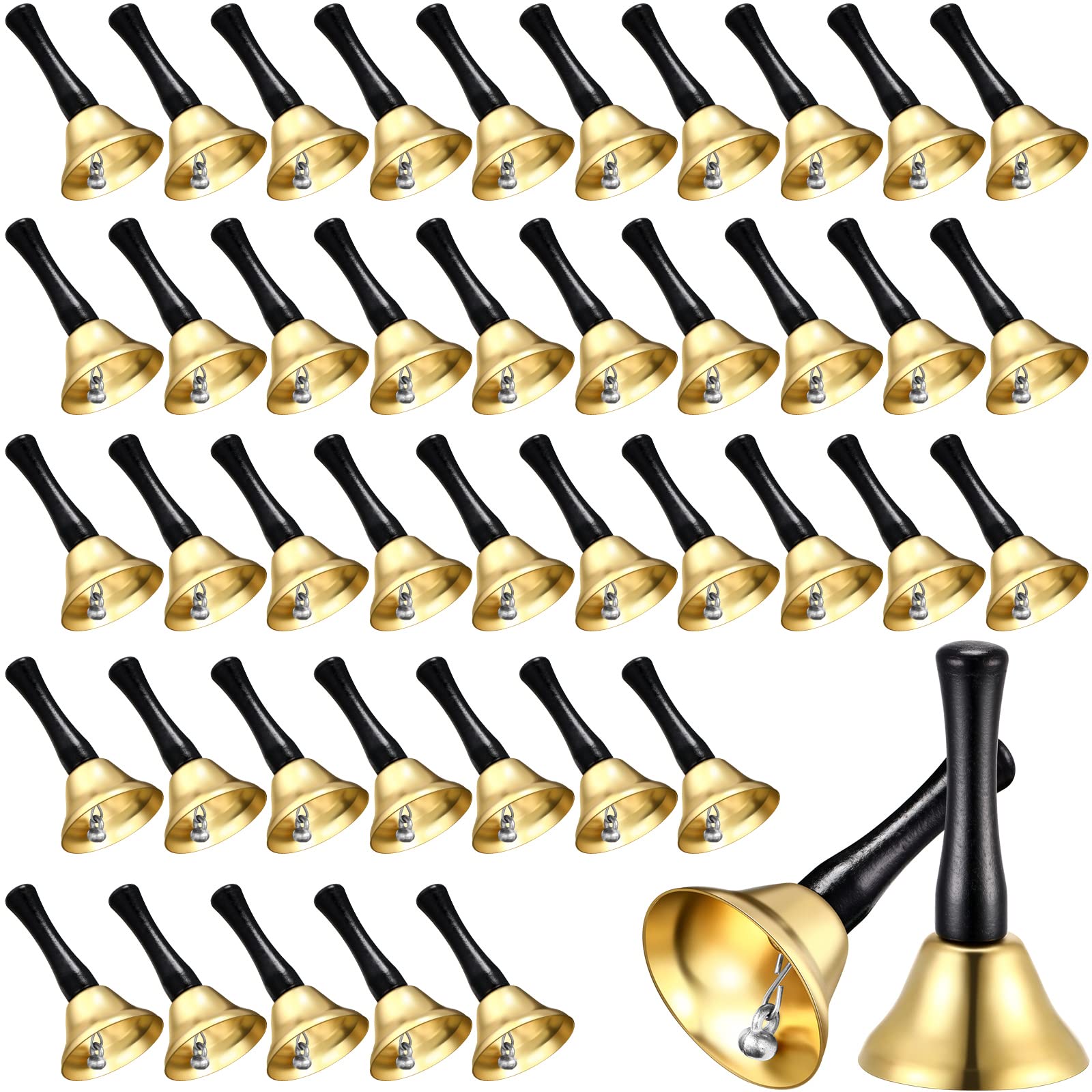 Yeshone 50 Pcs Small Hand Bells with Plastic Handle, Linear Brushed, Gold