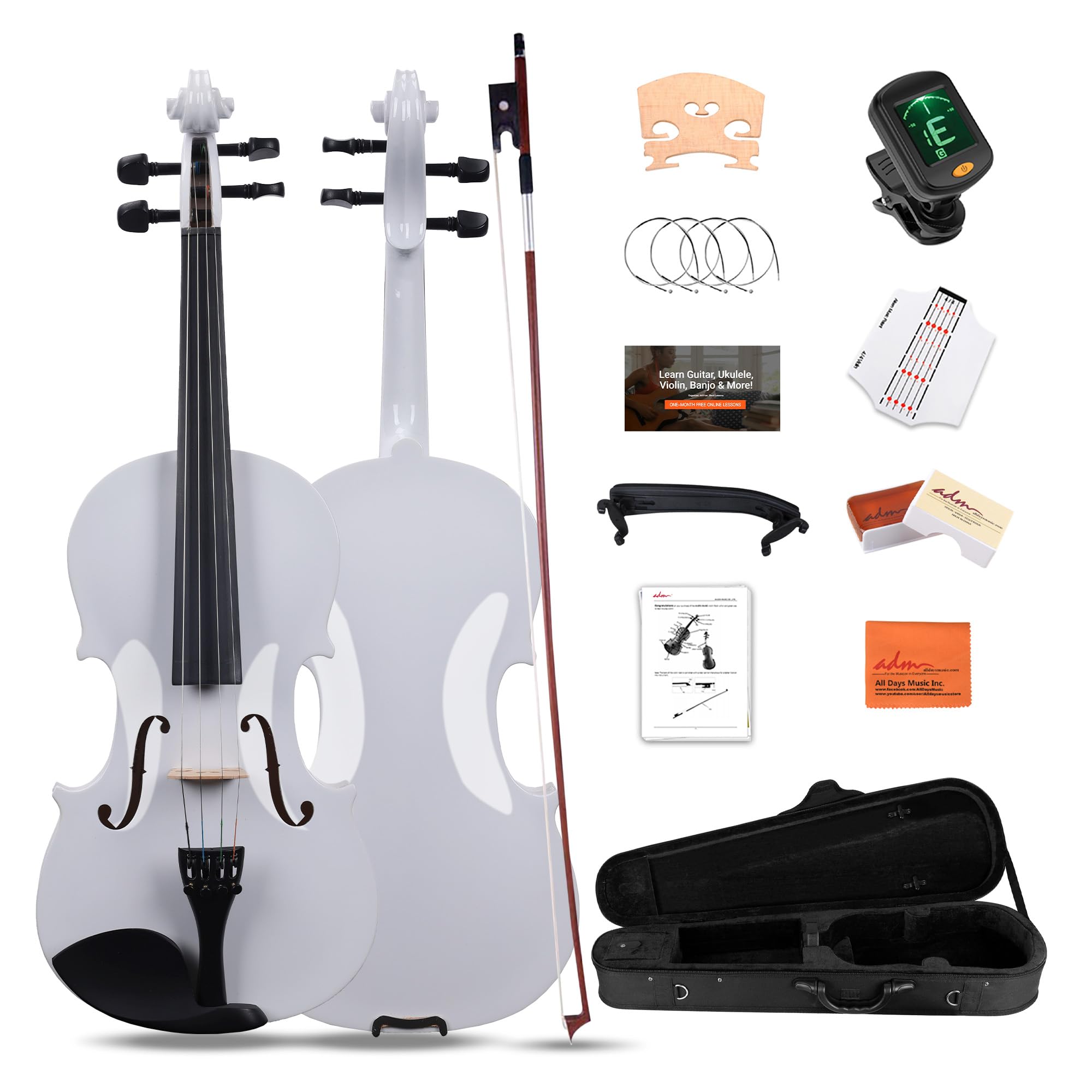 ADM Acoustic Violin for Kids Beginners, 3/4 Size Acoustic Violin Fiddle for Teens Students Violin Starter Kit with Hard Case, E-Tuner, Rosin, Shoulder Rest, Bow, Extra Strings, Free Lessons, White