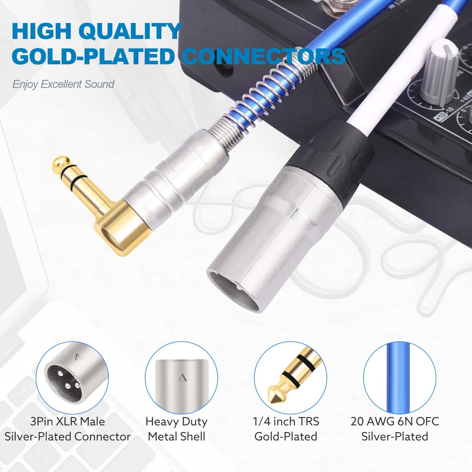 Devinal HiFi XLR Male to Right Angle 1/4 inch TRS Cable