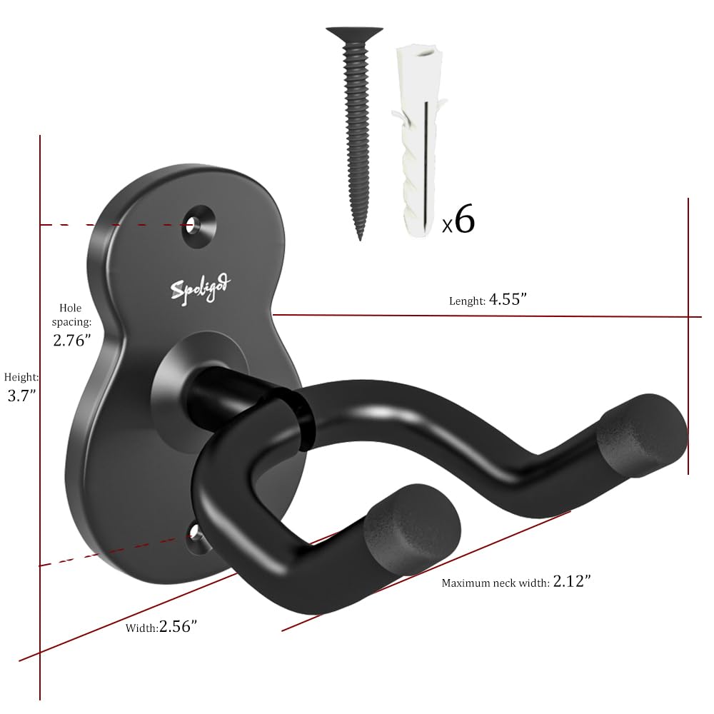 Spoligod Guitar Wall Mount Hanger, 6 Pack Guitar Hanger for Wall, Black Metal Guitar Holder Rack Stand for Basses, Electric Guitar, Acoustic Guitar and Ukulele