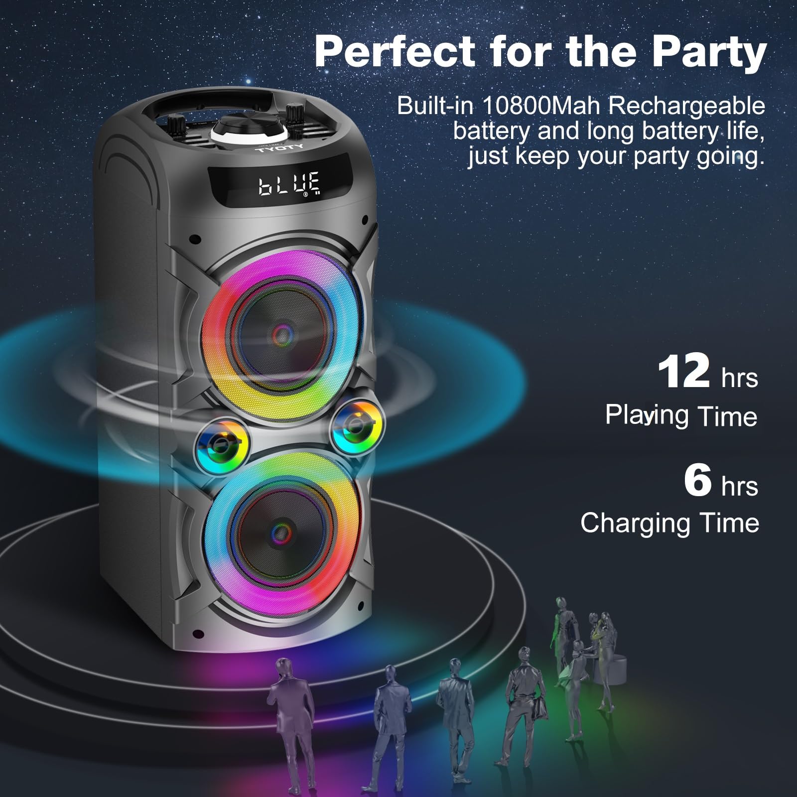 TYOTY Karaoke Machine with 2 Wireless Microphones, Portable PA System Big Bluetooth Speaker with LED Lights, Remote Control Support Bass/Treble Adjustment, TF Card/USB, REC for Adult Kids Home Party
