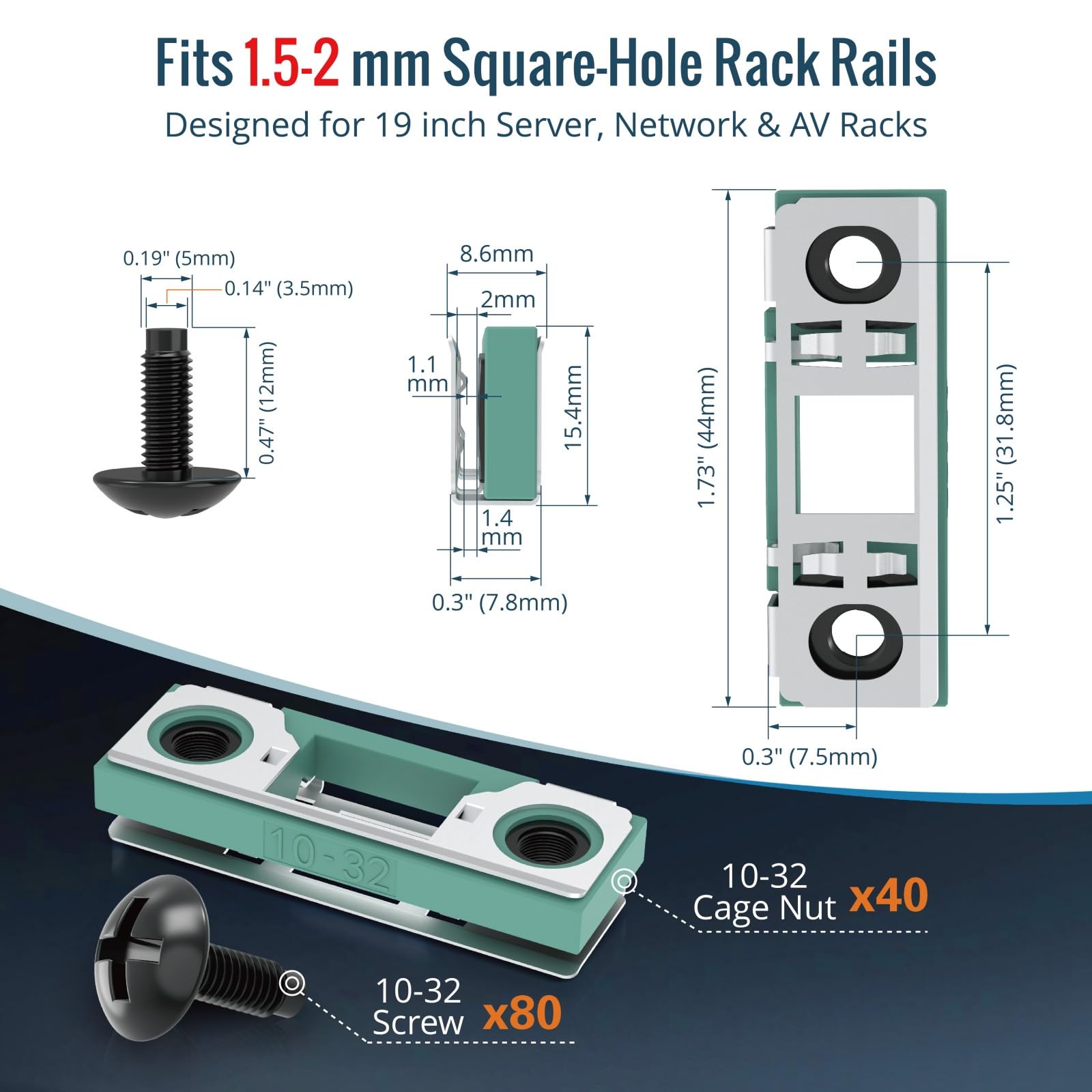 Tecmojo Smart Push-in 10-32 Cage Nuts and Rack Screws, 40 Cage Nuts with 80 Screws for 1.5–2 mm Square-Hole Rails, 19-Inch Server, Network and AV Racks