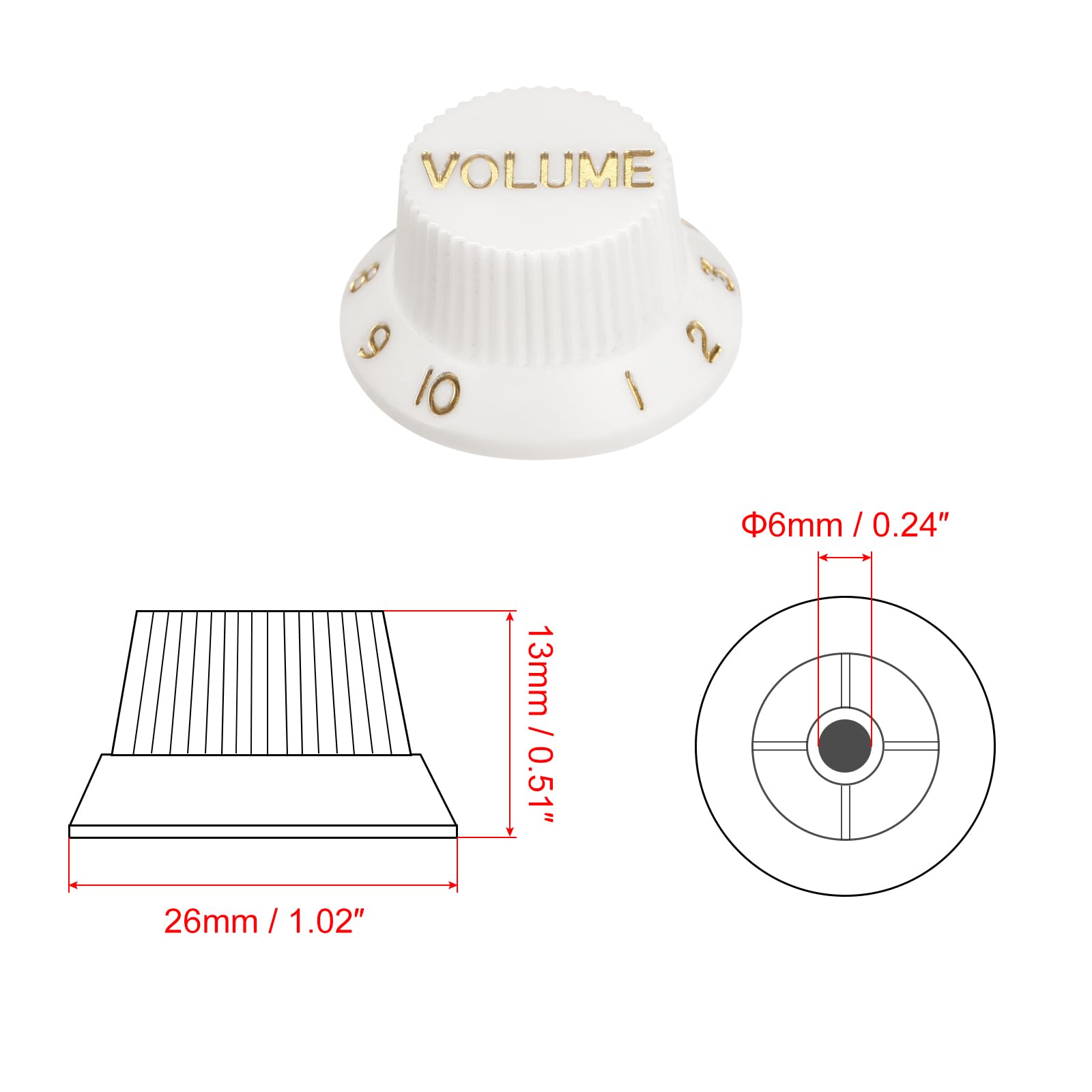 MECCANIXITY Speed Control Knobs 6mm ID 1 Volume 2 Tone Top Hat Guitar Bell Knobs for ST/SQ Electric Guitar Plastic White with Gold Characters