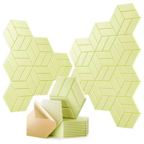 OTUOER 12Pcs Acoustic Panels with Self-adhesive, 12″X 10″X 0.4″ Sound Proof Foam Panels for Walls, Hexagonal Soundproof Wall Panels High Density, Sound Panels for Home Studio Office (Pale Yellow)