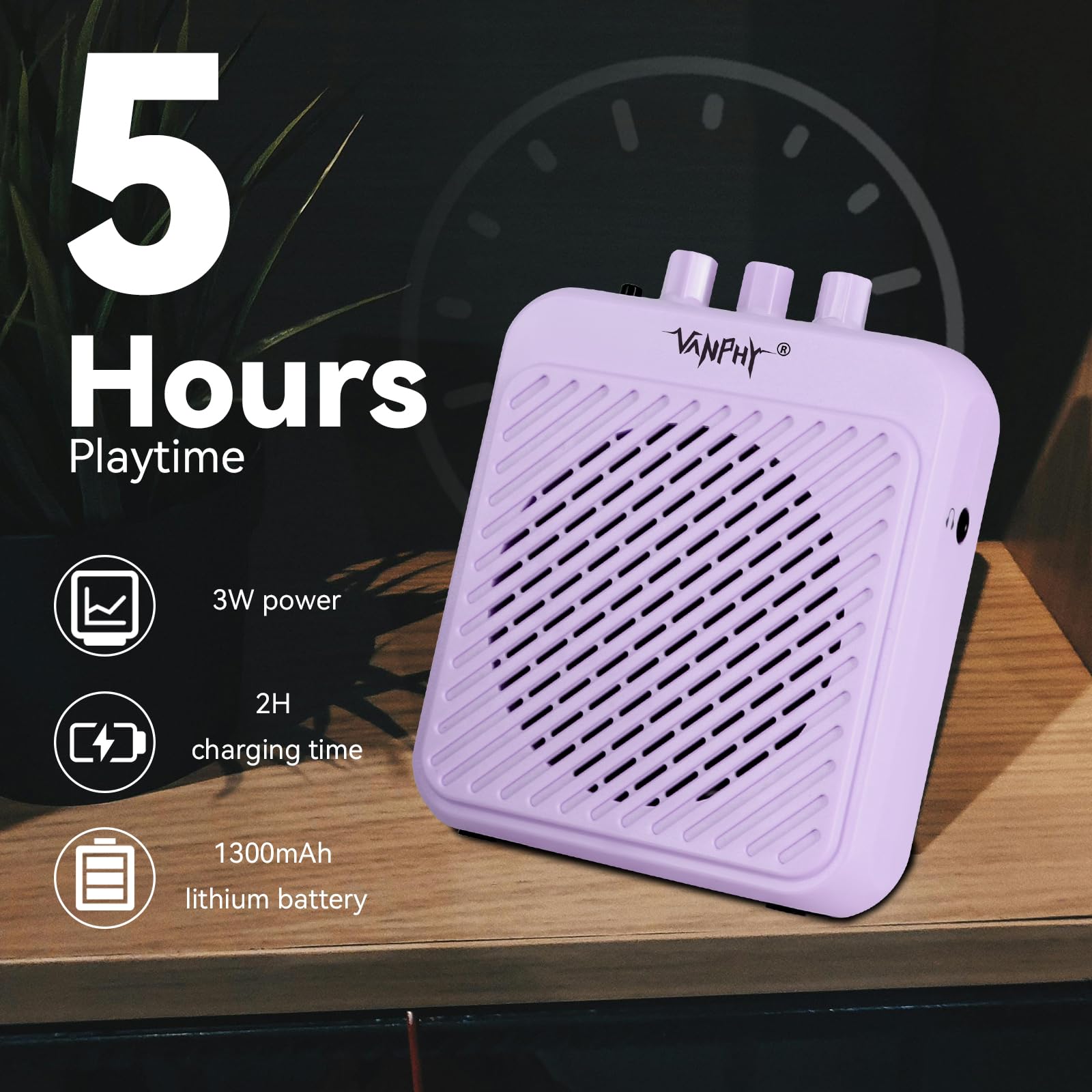 VANPHY Mini Electric Guitar Amplifier 3W Rechargeable Bluetooth Guitar Amp with Clean Overdrive Channel 5H Working Portable Small Amp for Indoor Practice and Traveling AG-03N Purple