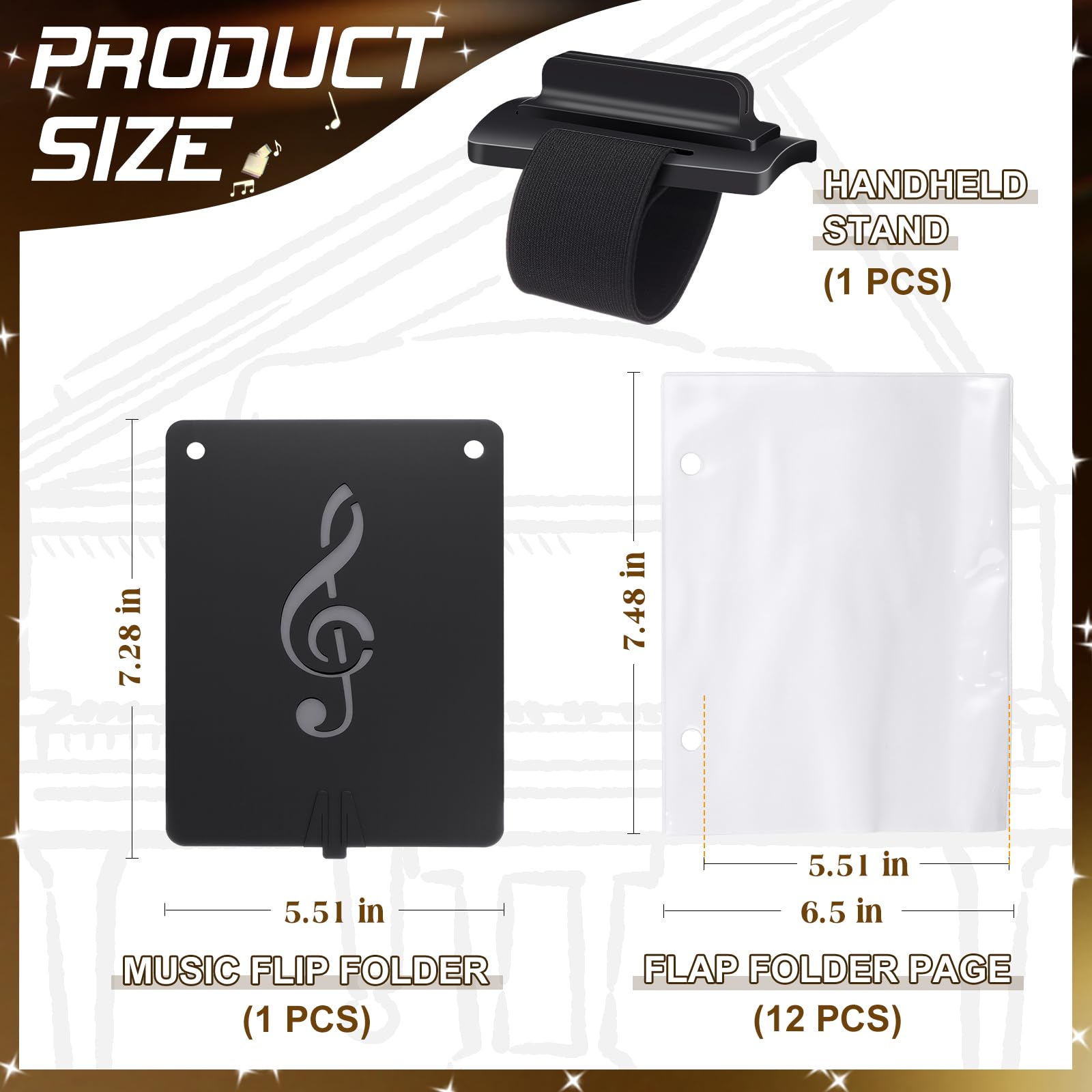 Canlierr Flute Lyre Flip Folder for Marching Band, 12 Pcs Waterproof 7.5 x 6.5 inches Double Sided Flip Folio Folder Pages with 2 Holes Adjustable Sheet Music Stand Holder for Clarinet Trumpet(White)