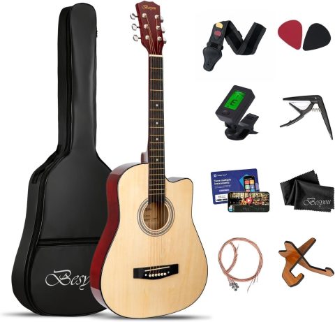 38 inch Acoustic Guitar Beginner Kits, 3/4 Cutaway Wood Acustica Guitarra for Beginners Adults with Online Lesson,Gig Bag,Picks,Steel Strings Strap with Picks Holder