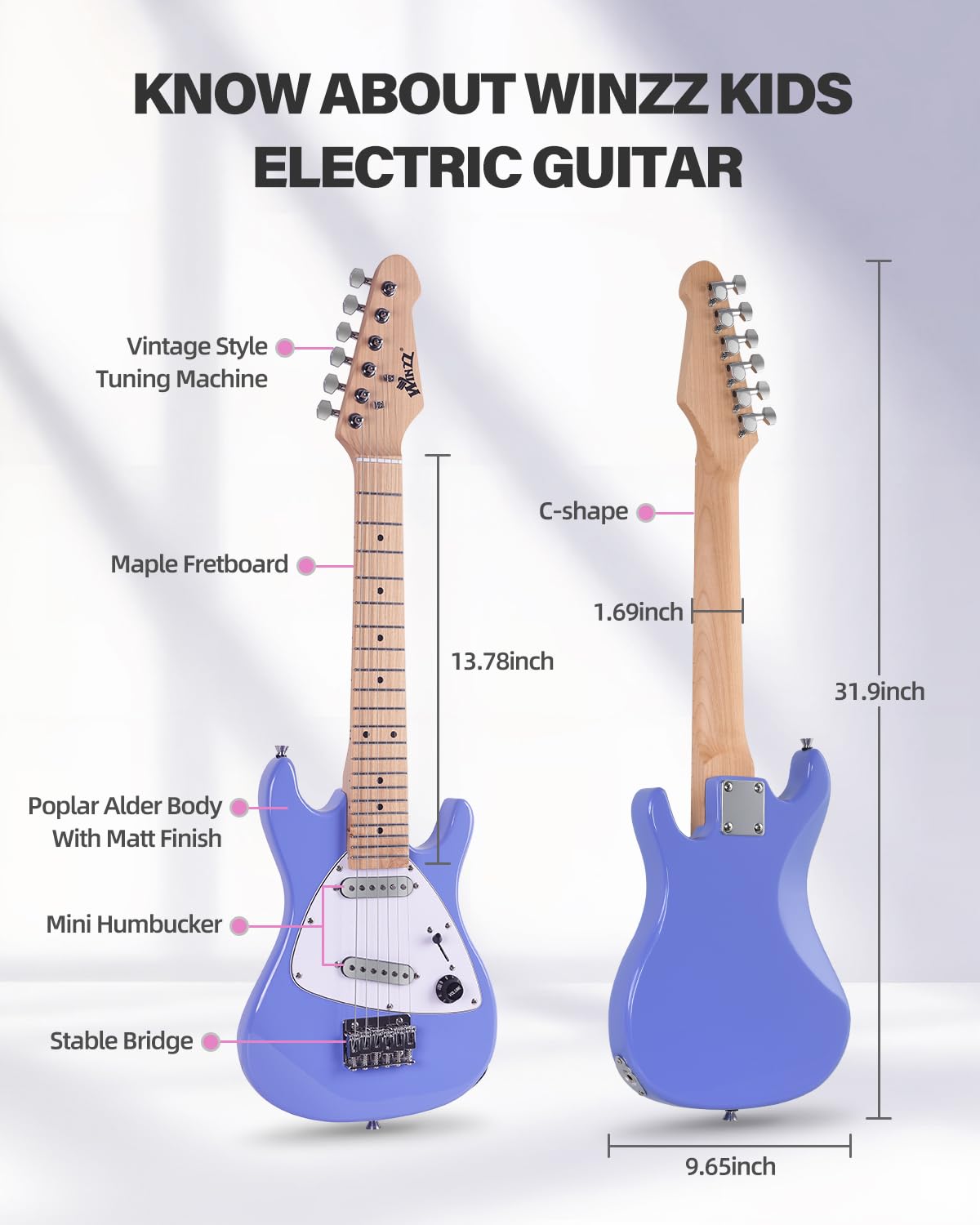 Winzz 30 Inch Kids Electric Guitar Beginner Kit, Junior 1/4 Size Mini Electric Guitar for Children Complete Stater Set with Amp, Gloosy Purple Colour