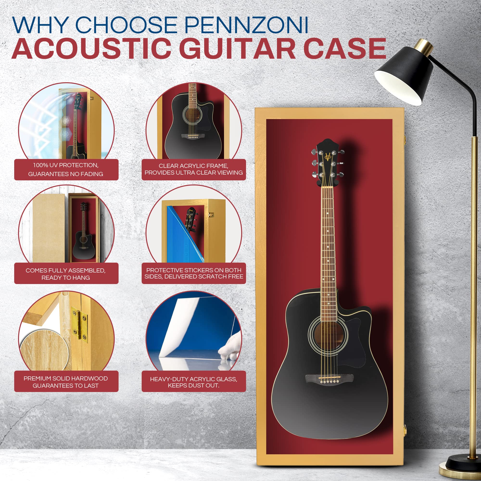 PENNZONI Acoustic Guitar Display Case – Acrylic Acoustic Guitar Case – Guitar Display Case Wall Mount Made from Hardwood Frame & Clear Acrylic – Golden Oak w/Red Felt