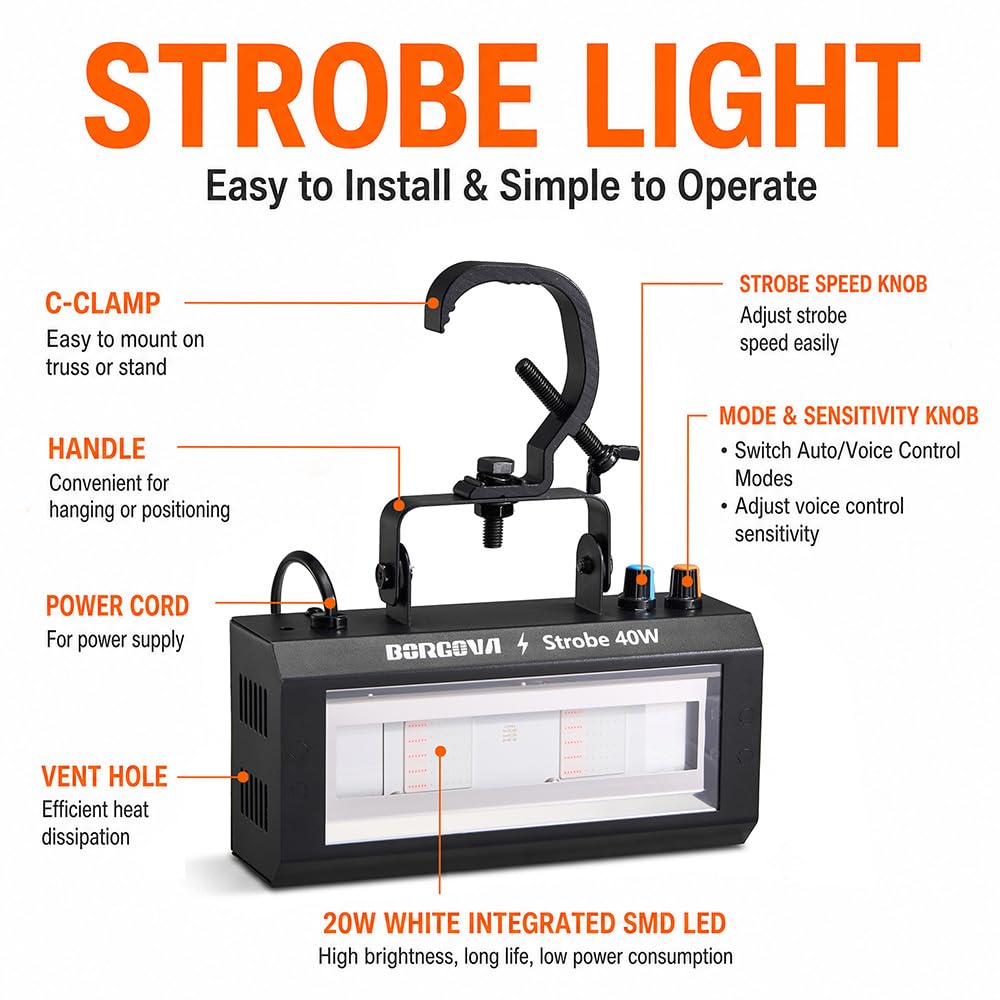 BORGOVA 40W LED Strobe Light, Portable RGB LED Stage Flashing Light