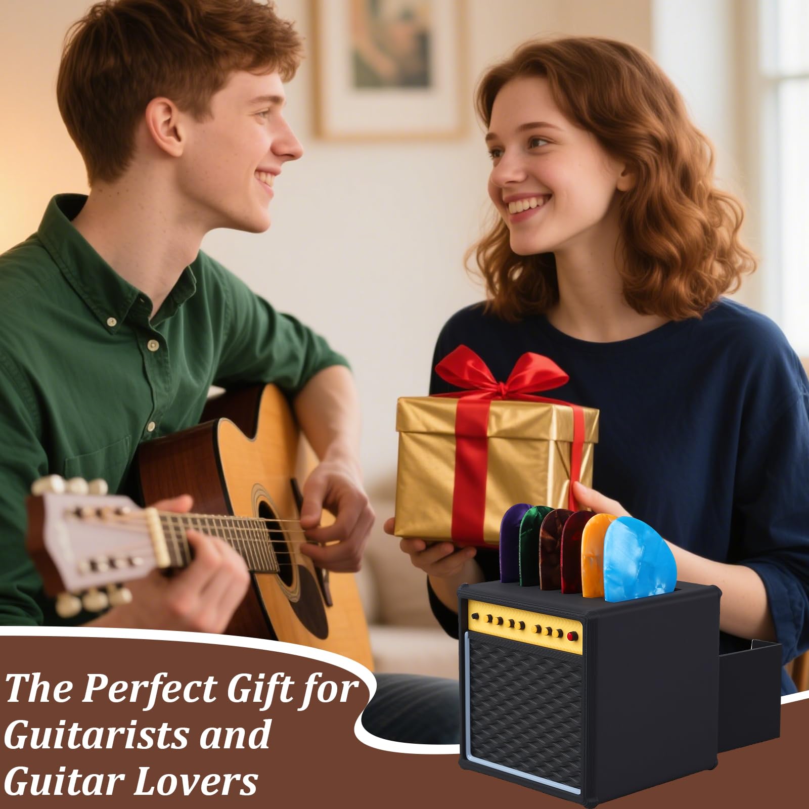 Dexspoeny 22Pcs Guitar Picks Holder Box, Vintage Amp Guitar Pick Holder with 21 Celluloid Guitar Picks, 3D Printed Retro Pick Storage Box & Display Stand for Guitarists and Music Enthusiasts