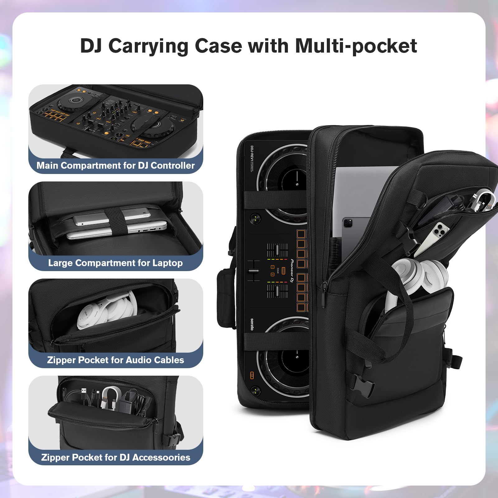 Cxinesbag DJ Controller Case Compatible with Pioneer DDJ-FLX4/DDJ-400/DDJ-REV1 – Thick Padded DJ Backpack with Multi-Pocket for Accessories, Adjustable Strap, 22×13×4.5in