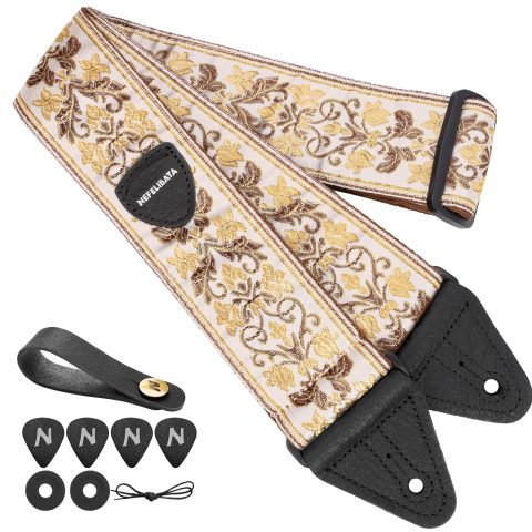 Nefelibata Guitar Strap 2.3″ Cotton Embroidery, Double Layer Leather Ends, for Bass, Electric & Acoustic Guitar, with Headstrap, Locks and Picks