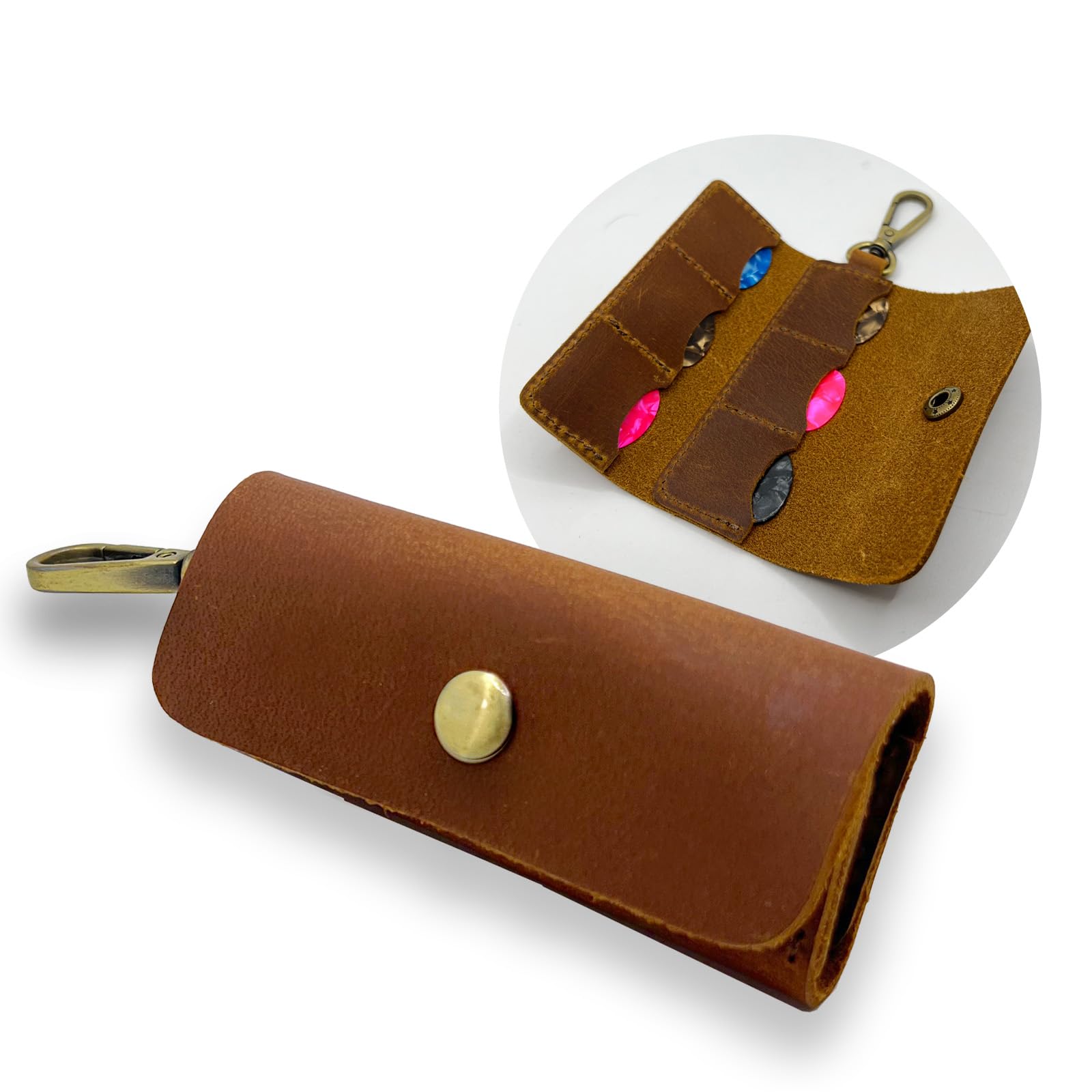 Della Stella Genuine Leather Guitar Pick Holder Keychain, Guitar Picks Holder Case for 6 Picks with Hook, Ideal Guitar Pick Storage(Picks Not Included)