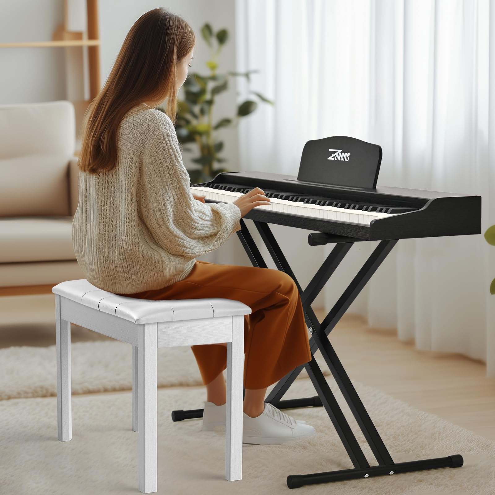 ZHRUNS Duet Piano Bench Wooden Keyboard Bench with Storage Compartment, 29” White Piano Chair Seat with Padded Cushion