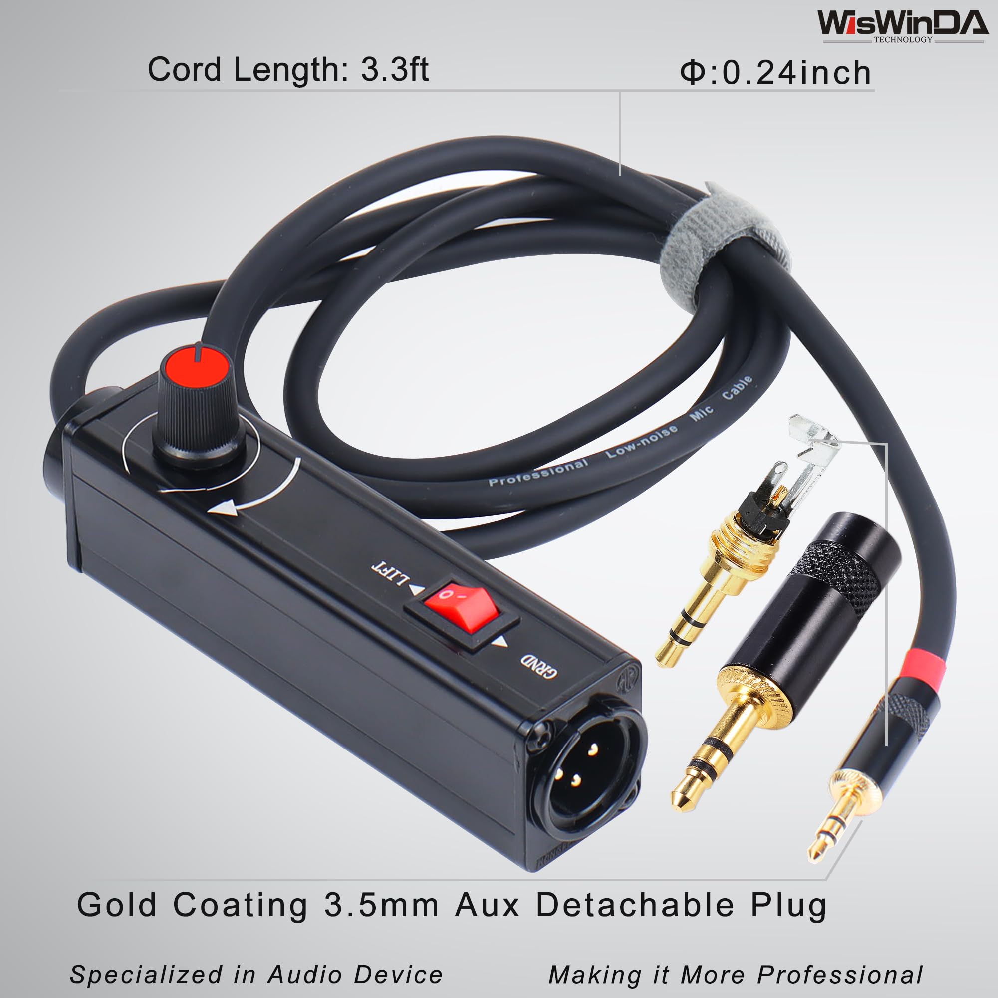 WisWinDa Pro101A AUX to XLR Isolation Box with Volume Controller and Ground Lift Switch Build-in Cord Length 3.3ft with Detachable 3.5mm Aux Gold Coating Plug (Pro 101A Aux-XLR)