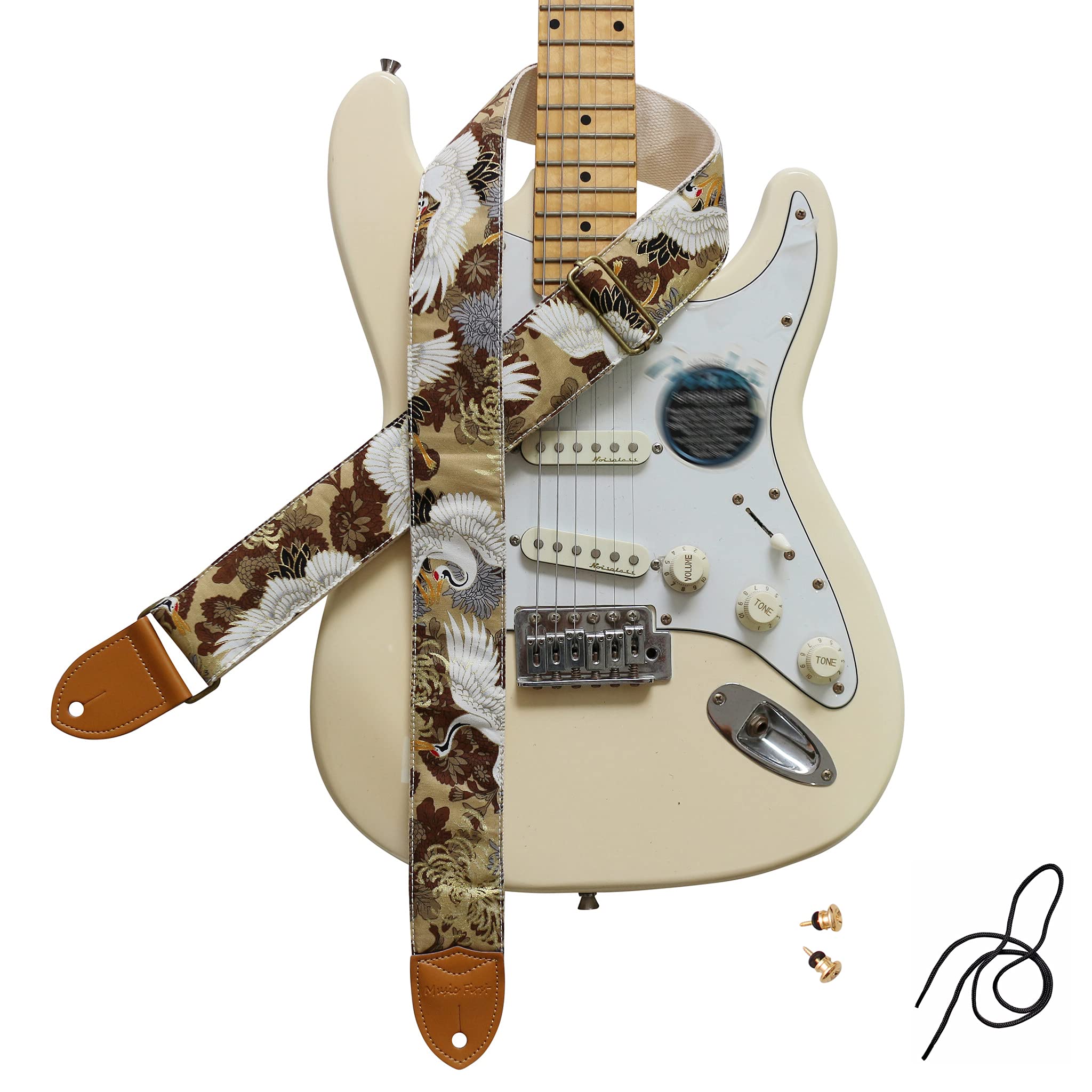 MUSIC FIRST Original Design, 2 inch width (5cm), Vintage Ukiyoe Style Chrysanthemum & Crane in Tan Electric Guitar Strap Bass Strap (Chrysanthemum & Crane in Tan)