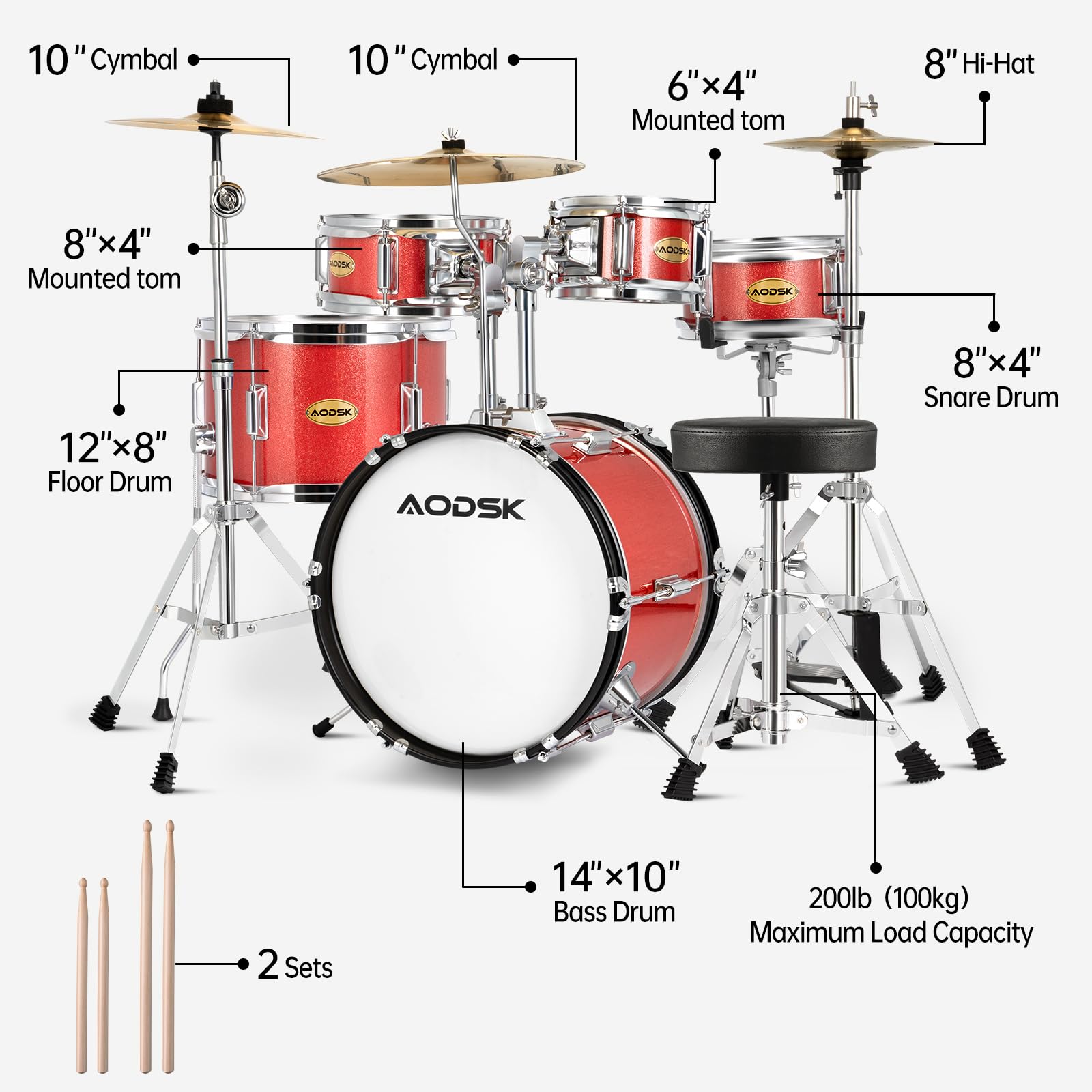 AODSK 5-Piece 14″ Junior Drum Set with Throne, Cymbal Hi-Hat+Sticks, Red